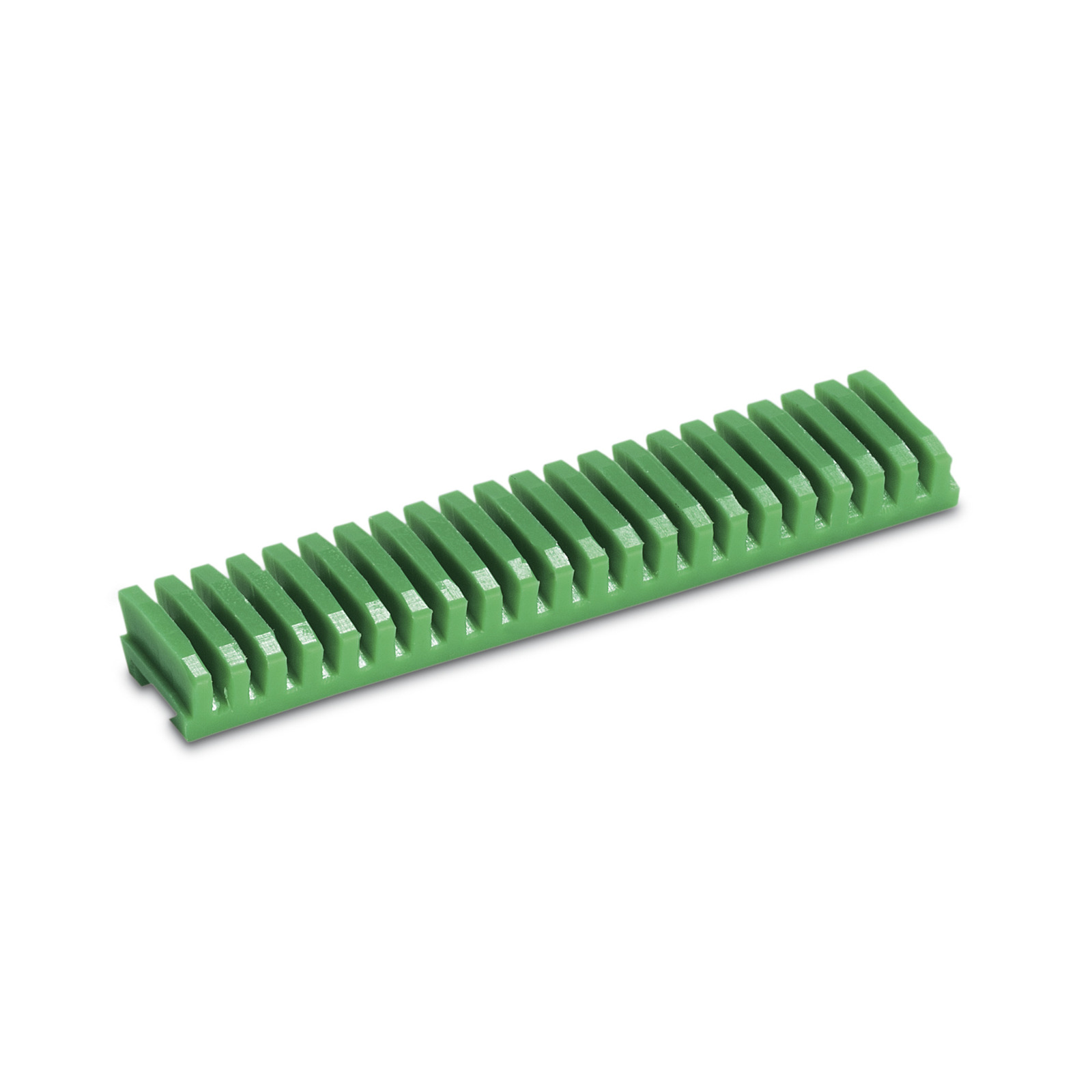Green plastic comb-like object with evenly spaced teeth, viewed from an angle on a white background.