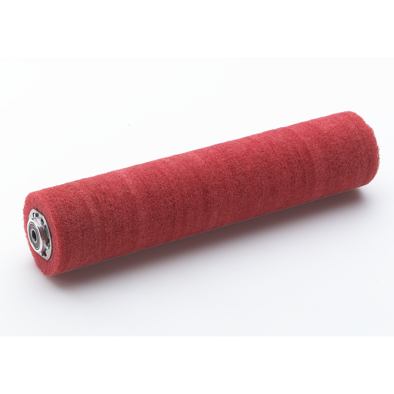 Red cylindrical roller brush with textured surface and metal core, set against a white background. Red cylindrical roller brush with textured surface and metal core, set against a white background.