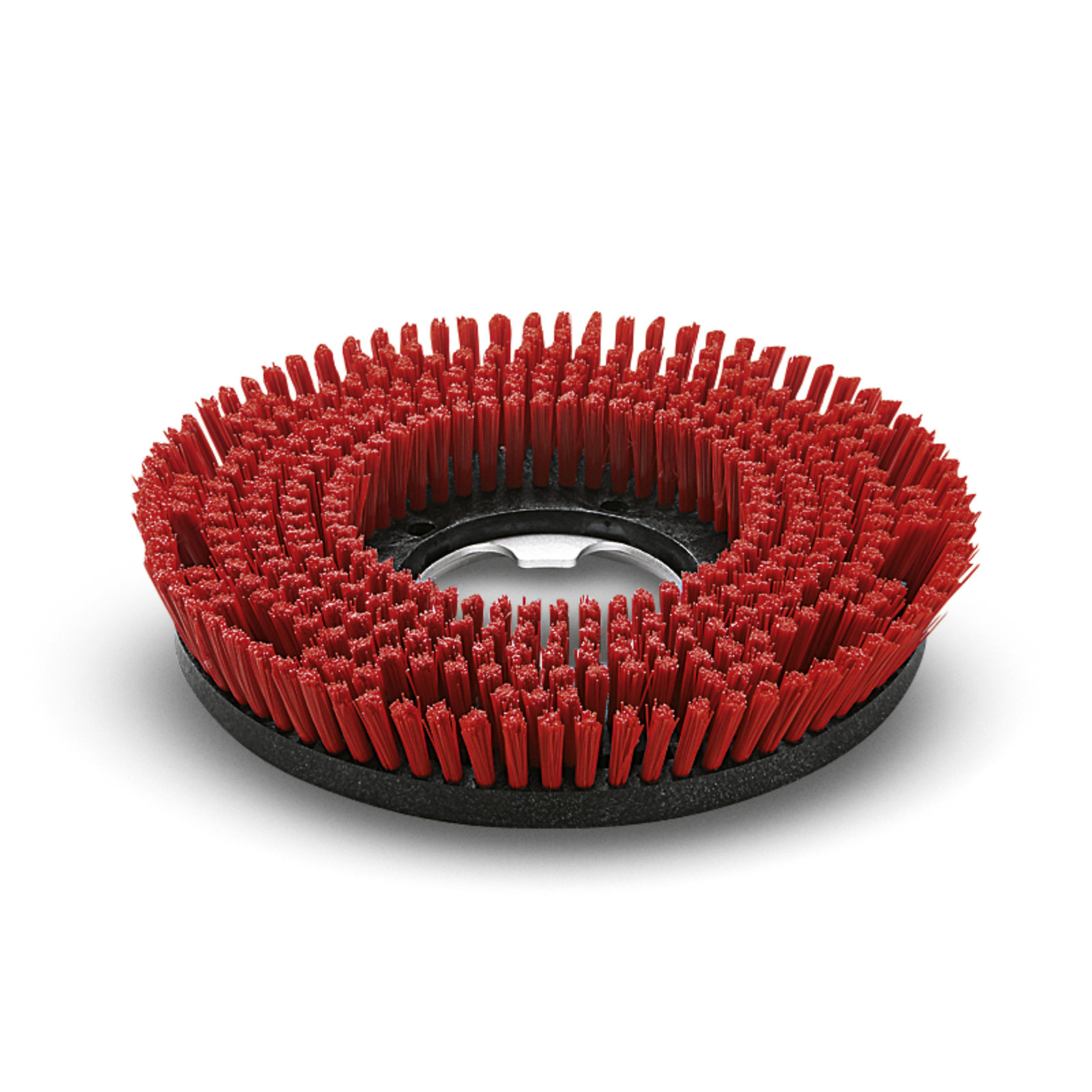 Red circular brush attachment with dense bristles arranged in concentric rings, mounted on a black base. Red circular brush attachment with dense bristles arranged in concentric rings, mounted on a black base.