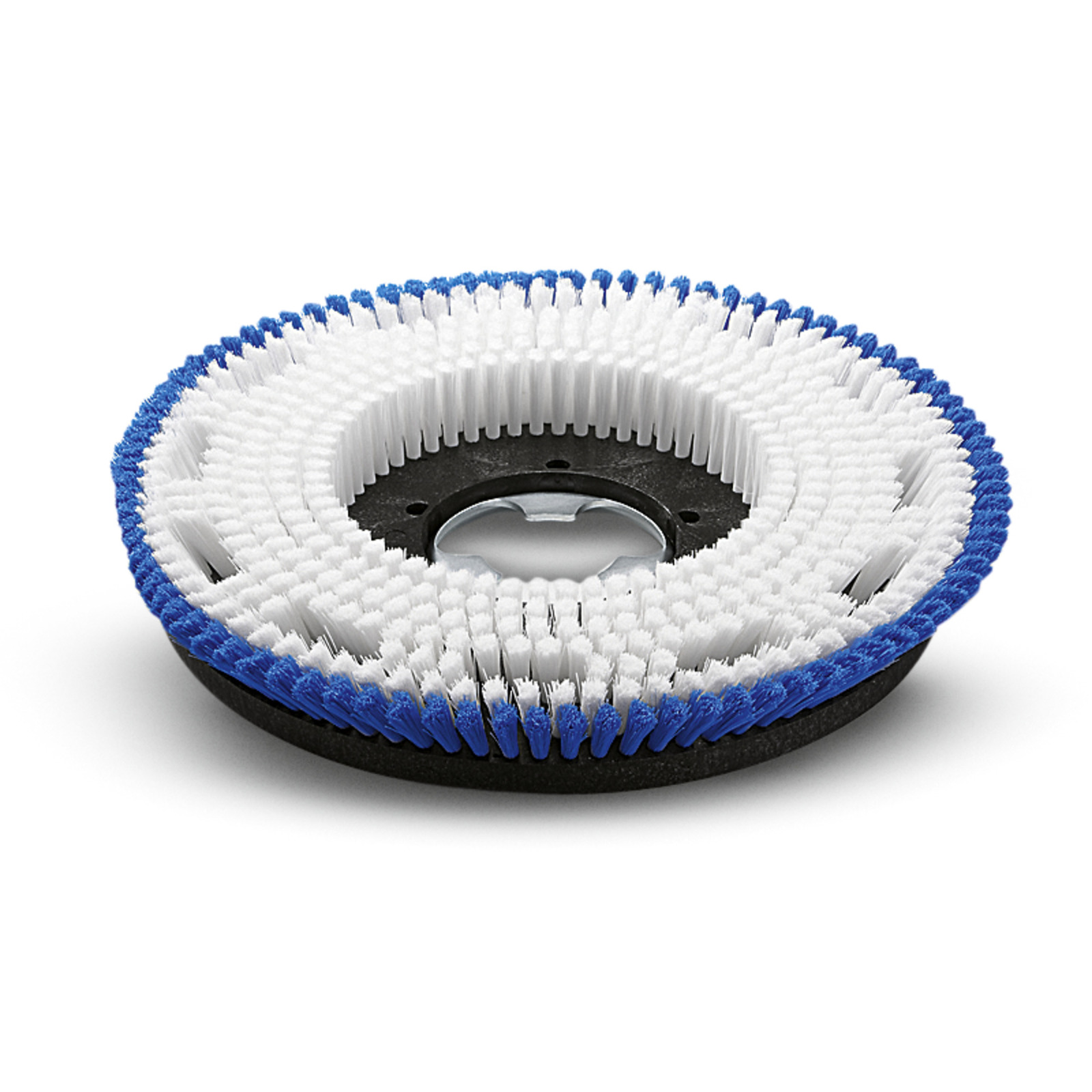 Circular brush attachment with alternating blue and white bristles on a black base, designed for cleaning equipment.