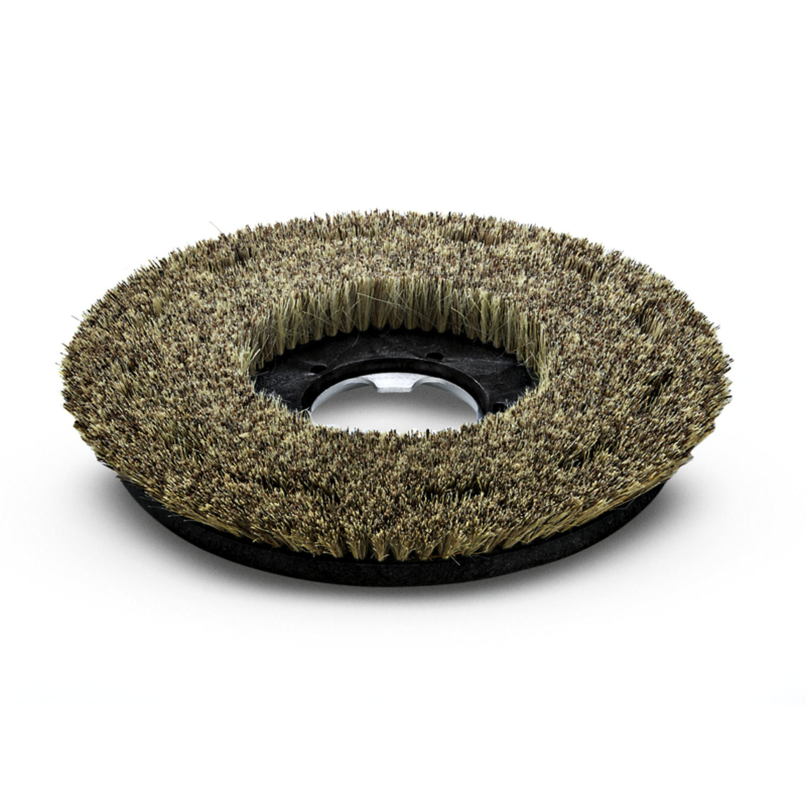 Circular wire brush with dense bristles, featuring a central hole for attachment, set against a plain white background.
