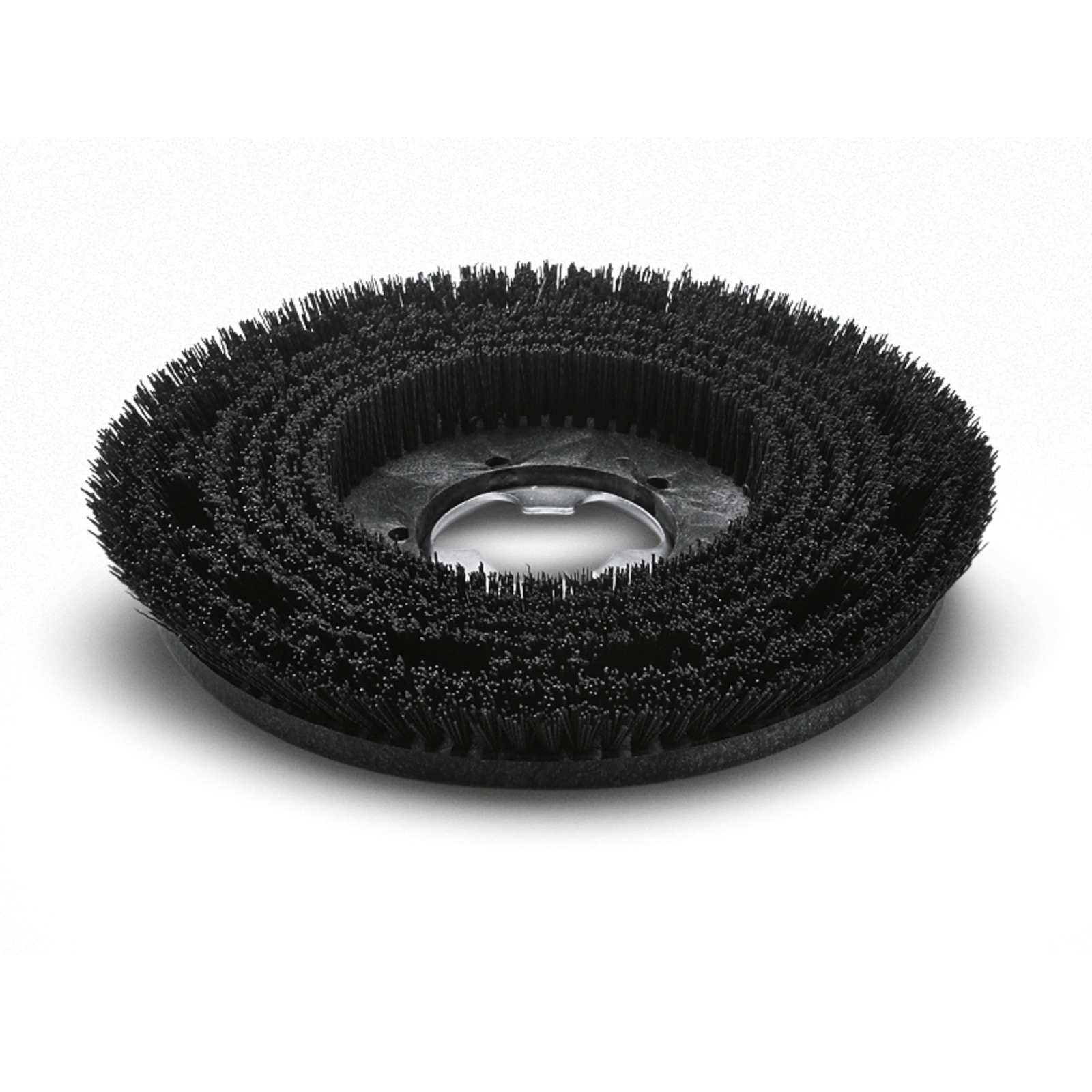 Black circular brush attachment with dense bristles, designed for cleaning equipment, against a white background.