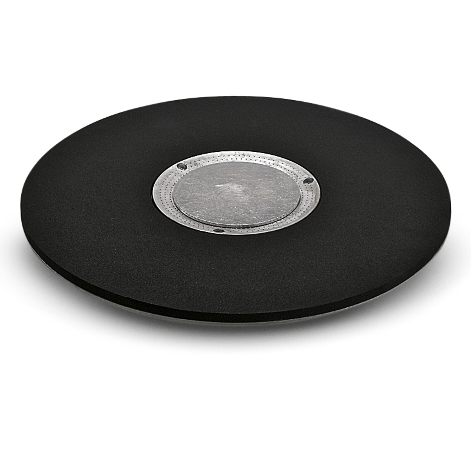 Black circular pad with a metallic centre, likely a backing pad for a cleaning device, placed on a white background. Black circular pad with a metallic centre, likely a backing pad for a cleaning device, placed on a white background.