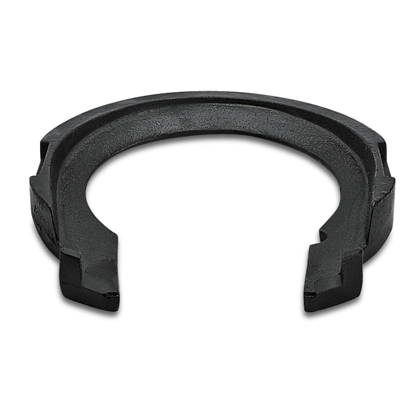 Black plastic circular clamp with two open ends, featuring grooves and ridges, set against a white background. Black plastic circular clamp with two open ends, featuring grooves and ridges, set against a white background.