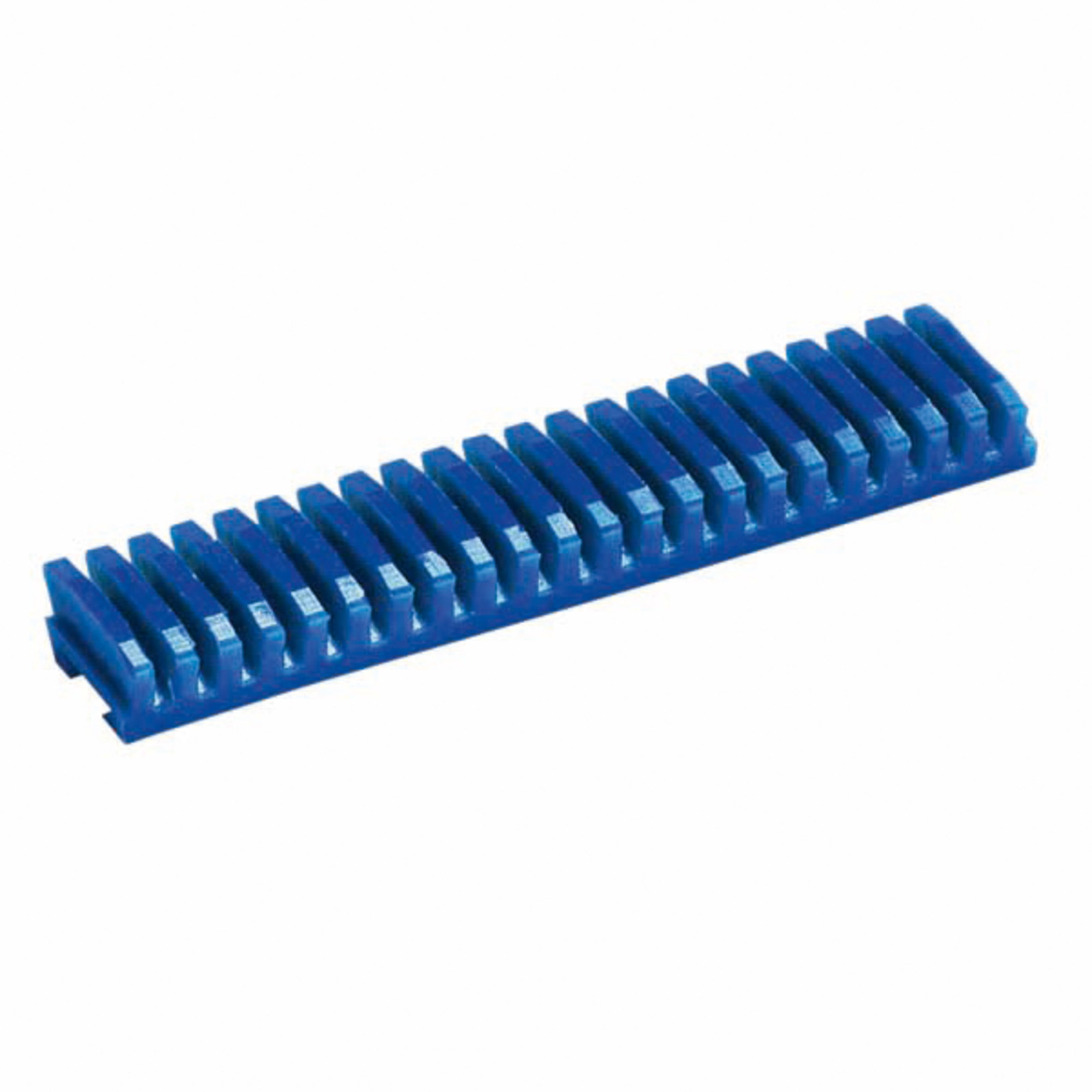 Blue plastic gear rack with evenly spaced teeth, viewed from an angle on a white background.