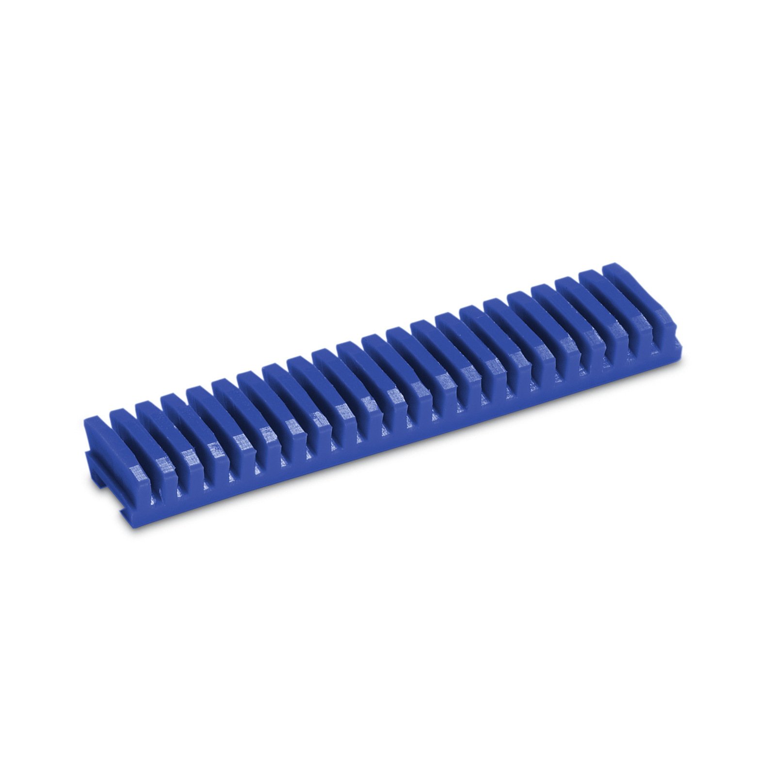 Blue plastic comb-like object with evenly spaced teeth, angled view on a white background. Blue plastic comb-like object with evenly spaced teeth, angled view on a white background.