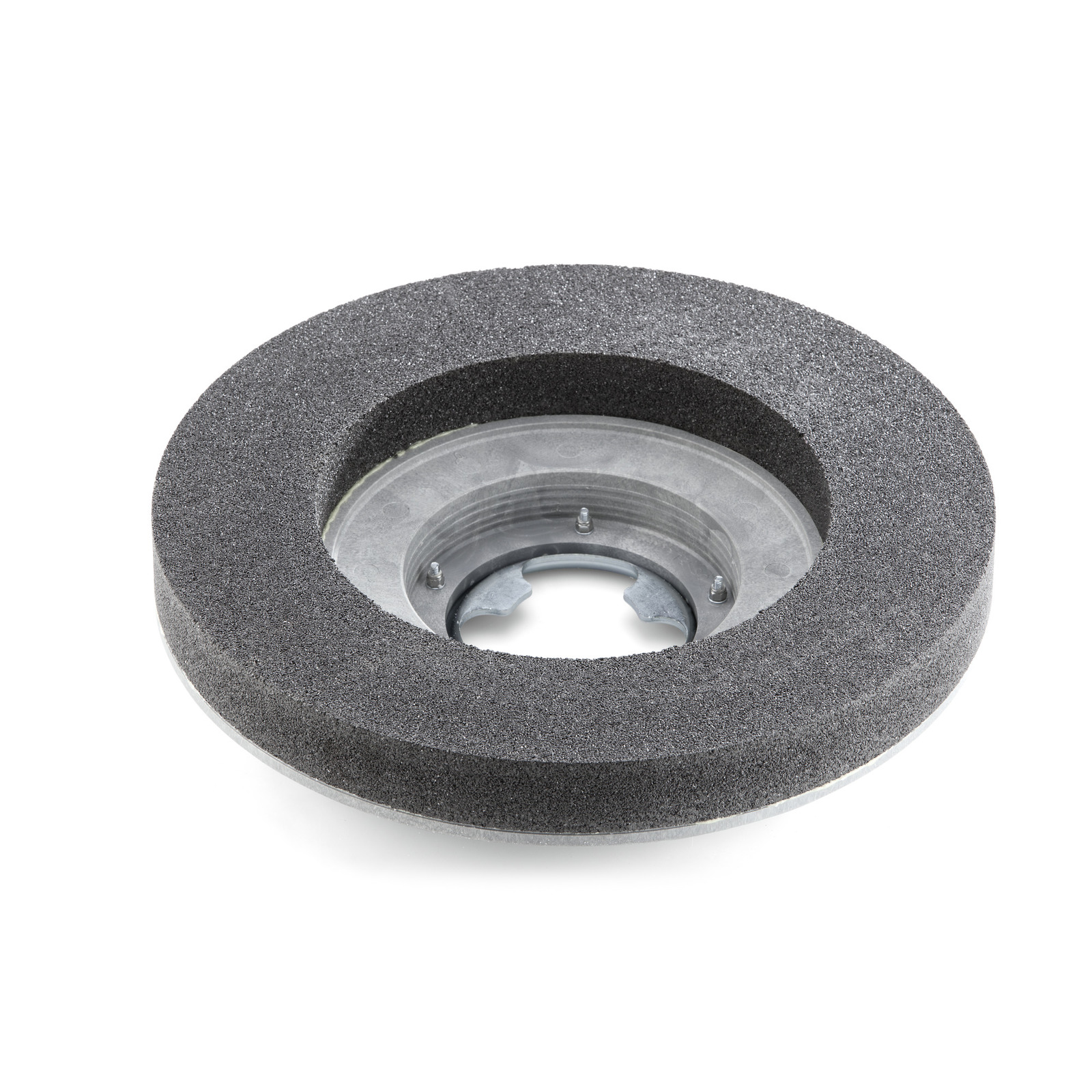 Circular grinding wheel with a textured black surface and a central metal hub, viewed from above. Circular grinding wheel with a textured black surface and a central metal hub, viewed from above.