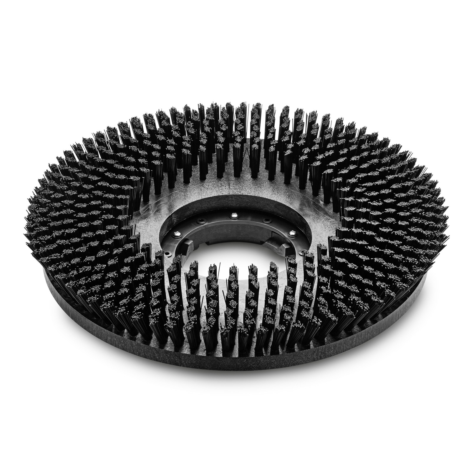 Black circular brush attachment with dense bristles, designed for floor cleaning machines, against a white background.