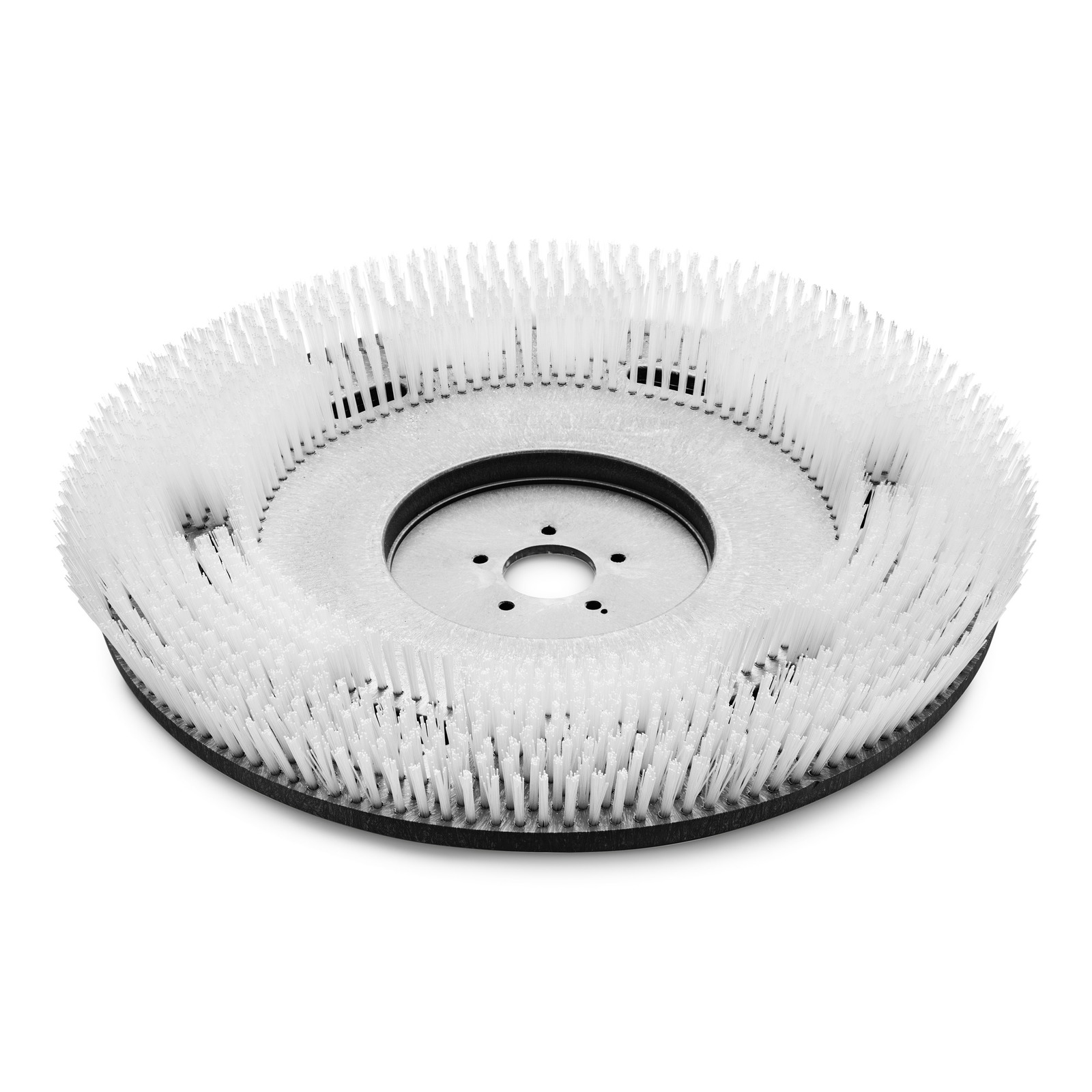 Circular white brush attachment with dense bristles, featuring a central metal disc with holes for mounting. Circular white brush attachment with dense bristles, featuring a central metal disc with holes for mounting.