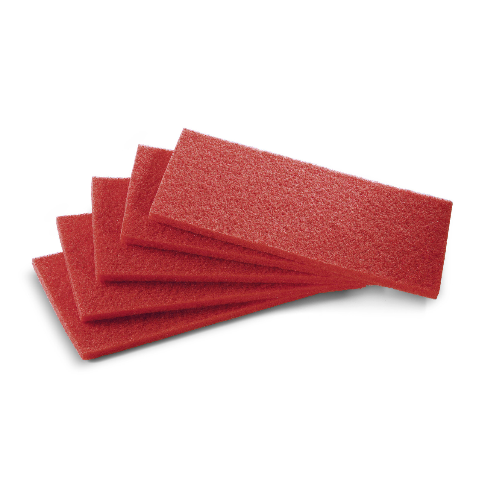 Five red rectangular scouring pads stacked in a fan arrangement on a white background. Five red rectangular scouring pads stacked in a fan arrangement on a white background.