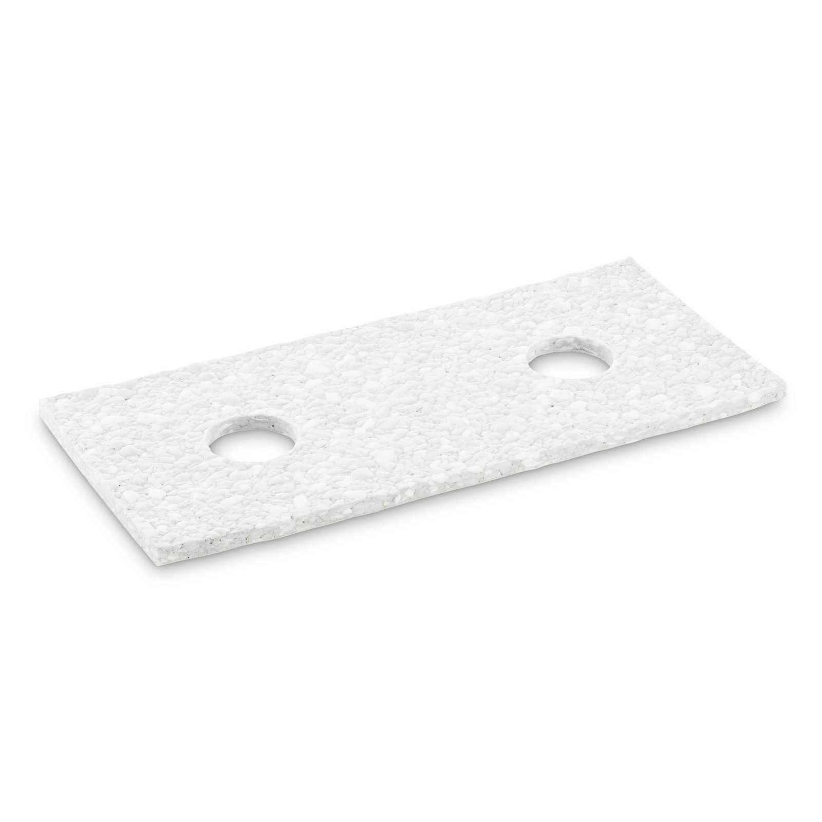 White rectangular foam pad with two circular holes, textured surface, isolated on a white background. White rectangular foam pad with two circular holes, textured surface, isolated on a white background.