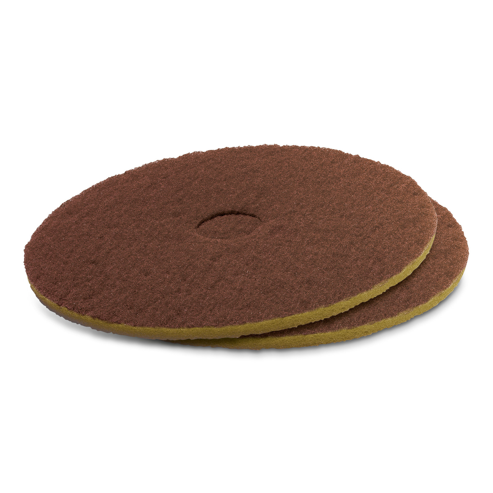 Two brown circular scrubbing pads with a central hole, stacked on a white background. Two brown circular scrubbing pads with a central hole, stacked on a white background.