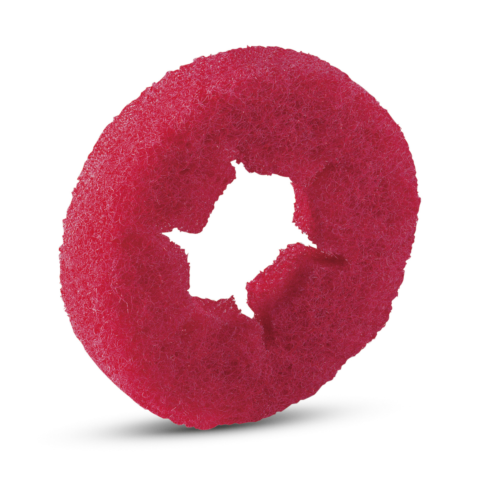 Red circular scrubbing pad with a rough texture and a central cut-out, isolated on a white background.