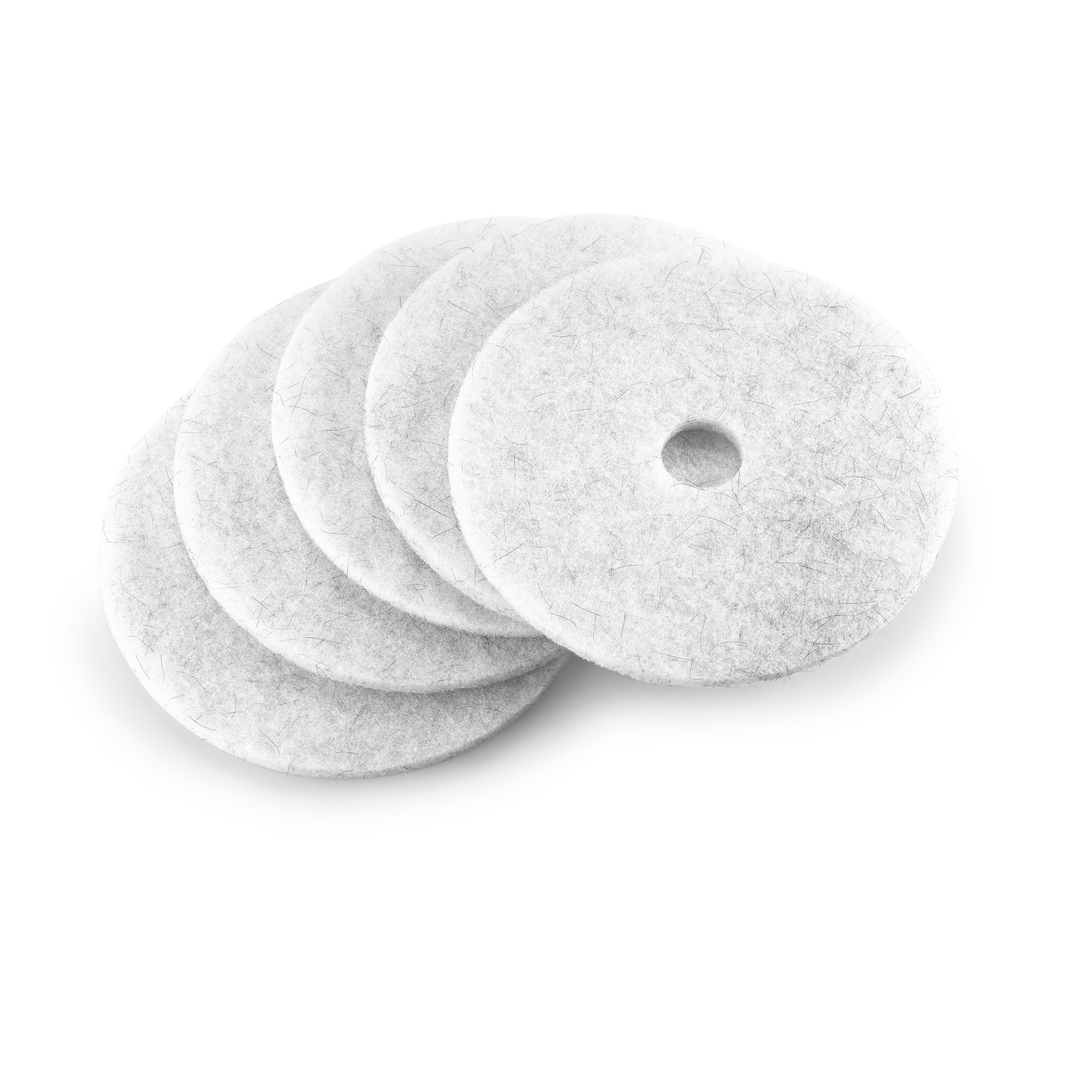 Five white circular cleaning pads with a central hole, stacked slightly overlapping.