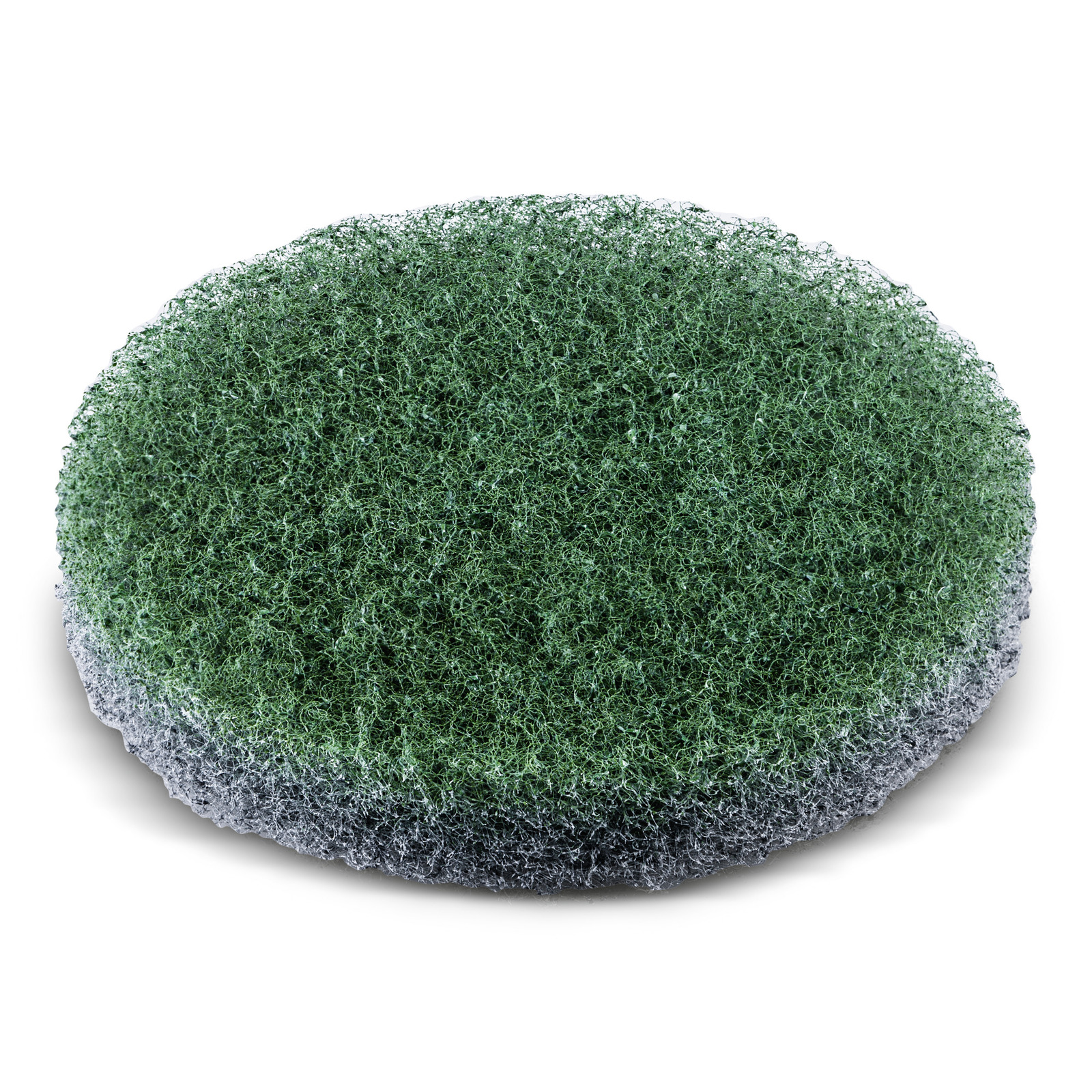 Round green and grey abrasive cleaning pad with a textured surface, isolated on a white background. Round green and grey abrasive cleaning pad with a textured surface, isolated on a white background.