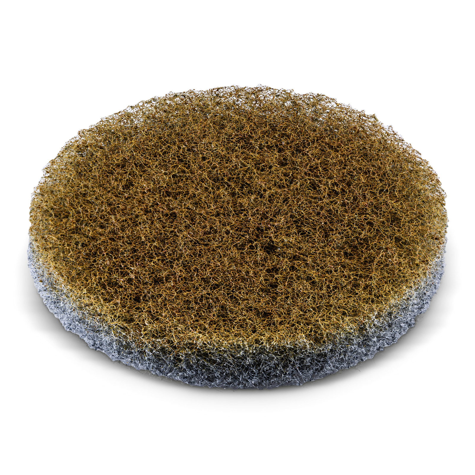 Round brown and grey scrubbing pad with a coarse texture, shown against a white background. Round brown and grey scrubbing pad with a coarse texture, shown against a white background.