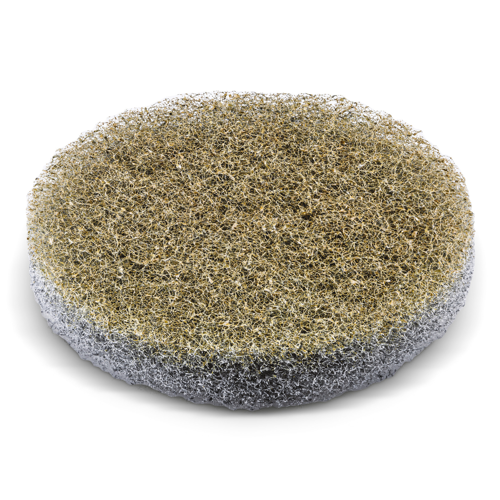 Round, coarse-textured pad with brown fibres on top and grey base, resembling a scrubbing brush or cleaning tool.