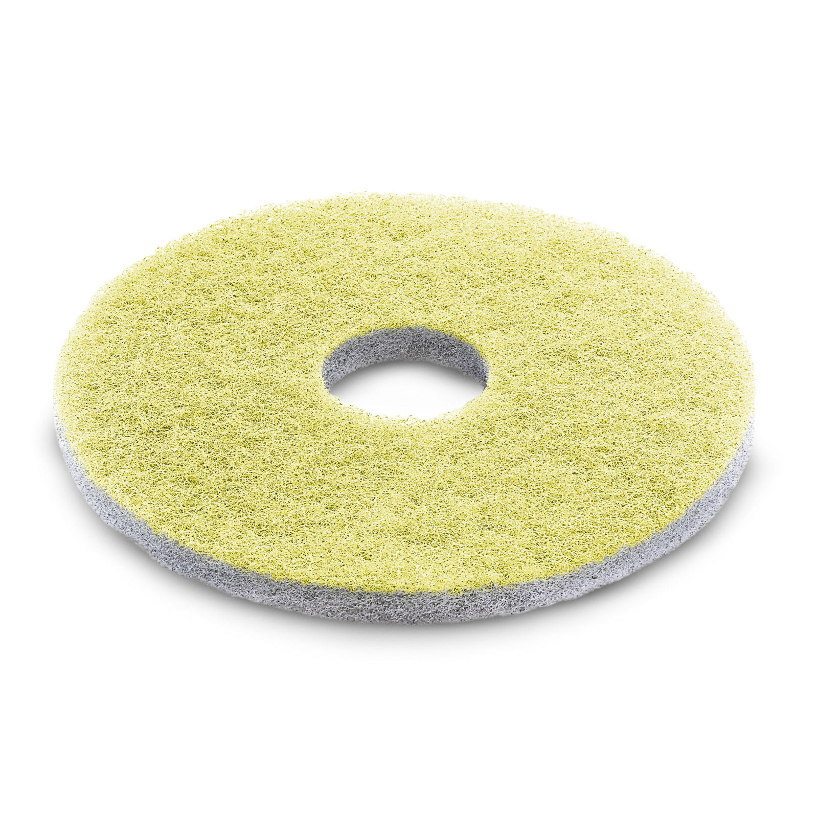 Yellow circular Kärcher cleaning pad with a central hole, textured surface, and grey underside. Yellow circular Kärcher cleaning pad with a central hole, textured surface, and grey underside.