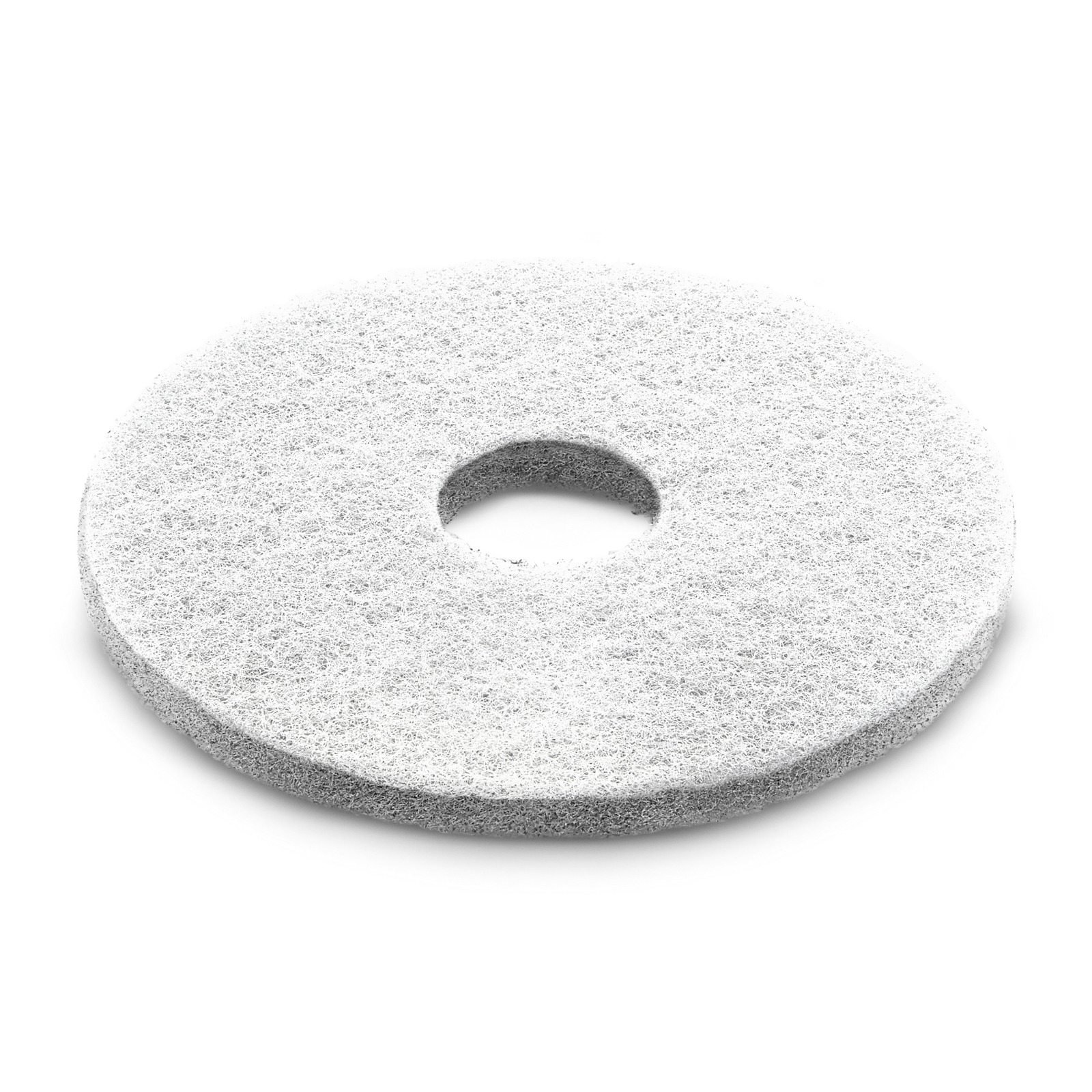 White circular cleaning pad with a textured surface and a central hole, placed on a plain white background. White circular cleaning pad with a textured surface and a central hole, placed on a plain white background.
