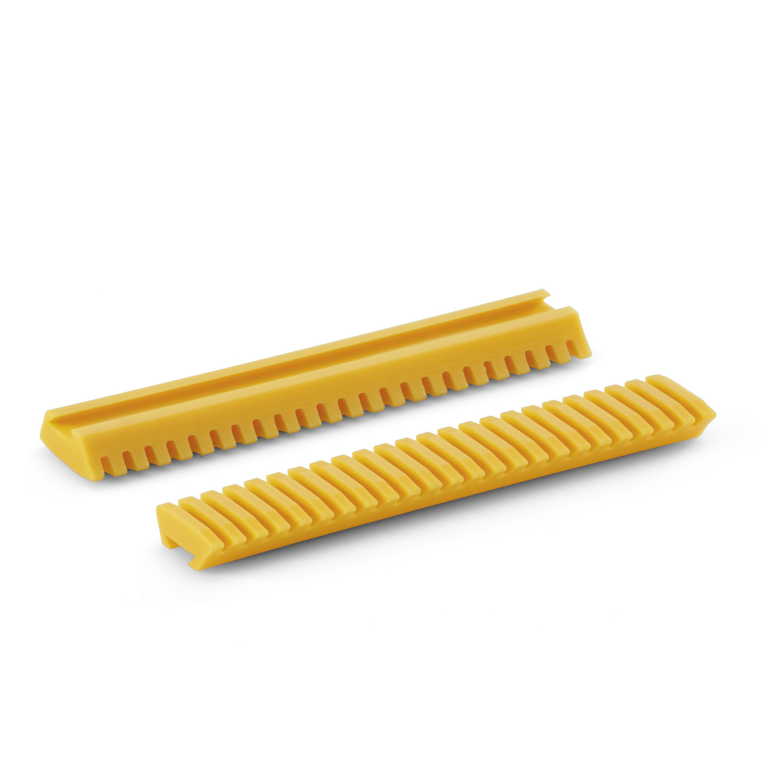 Two yellow rubber squeegee blades with ridged edges, positioned diagonally on a white background. Two yellow rubber squeegee blades with ridged edges, positioned diagonally on a white background.