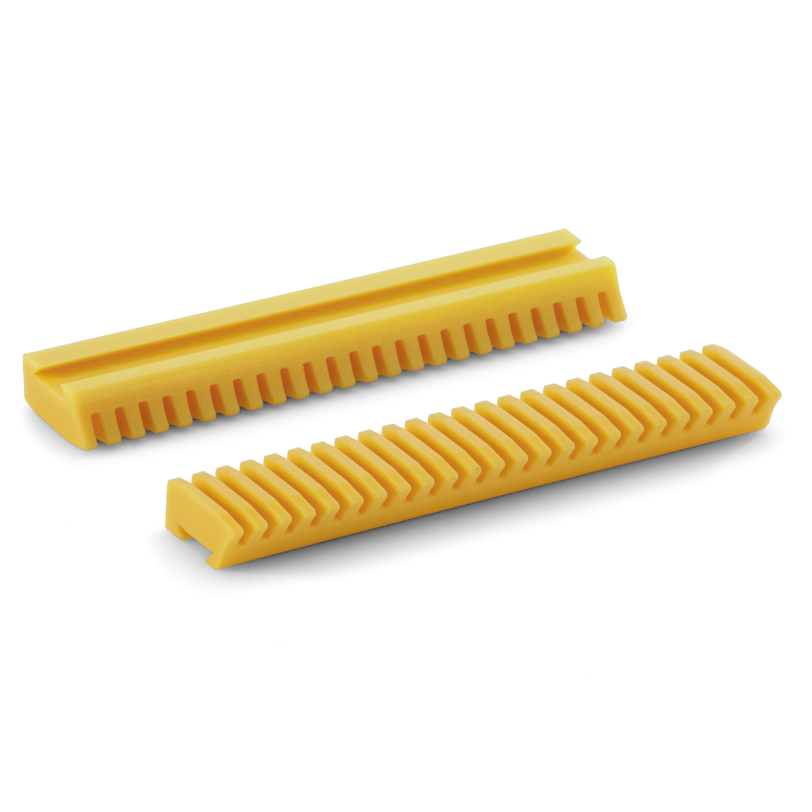 Two yellow Kärcher rubber blades with grooved edges, positioned on a white background.