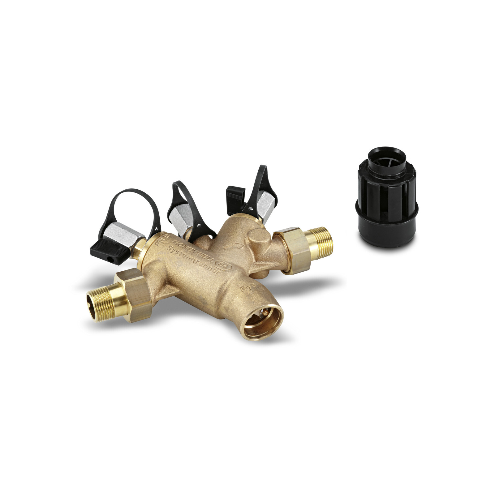 Brass valve with two black levers and a separate black plastic connector on a white background. Brass valve with two black levers and a separate black plastic connector on a white background.