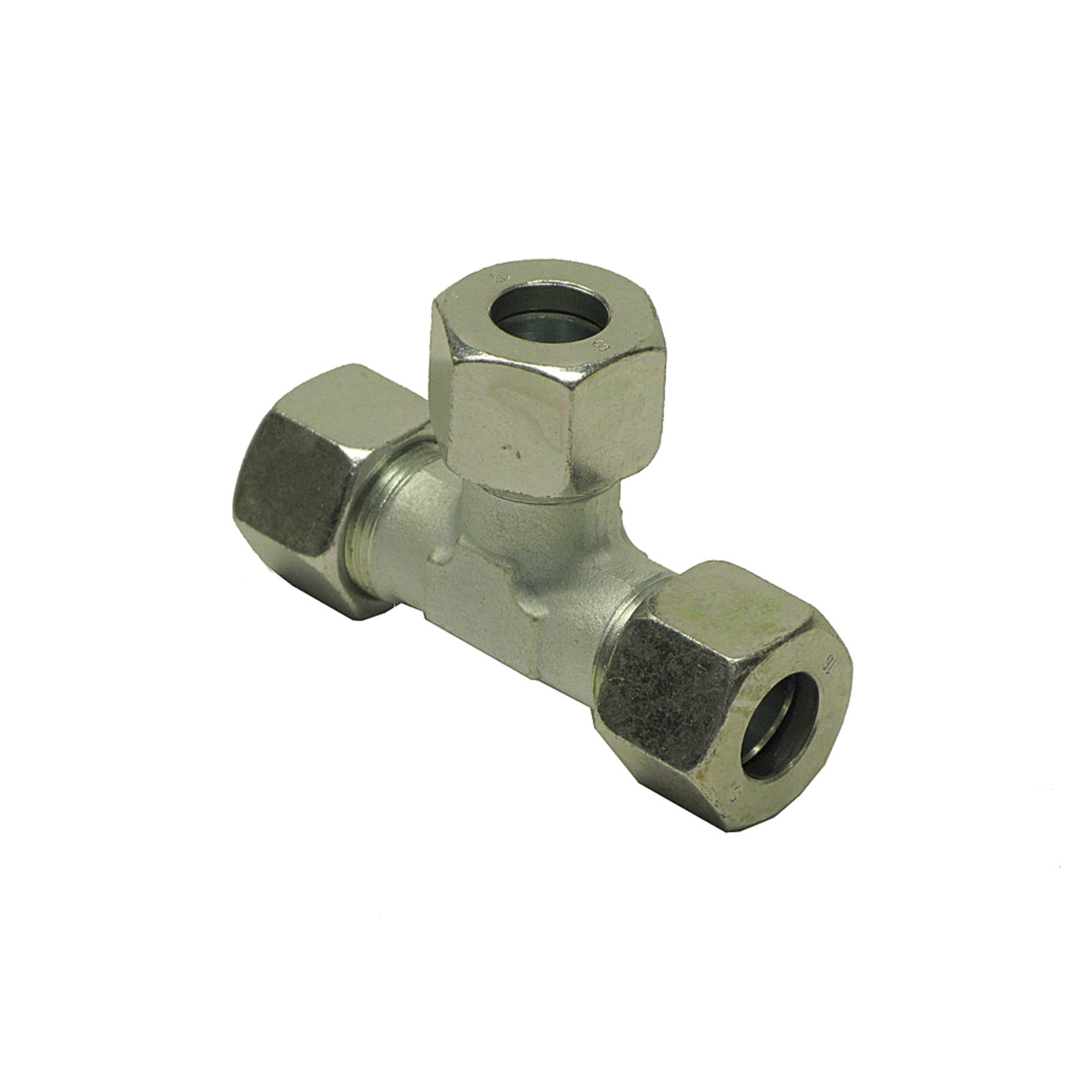 Metal T-shaped pipe fitting with hexagonal nuts on each end, designed for connecting three pipes. Metal T-shaped pipe fitting with hexagonal nuts on each end, designed for connecting three pipes.