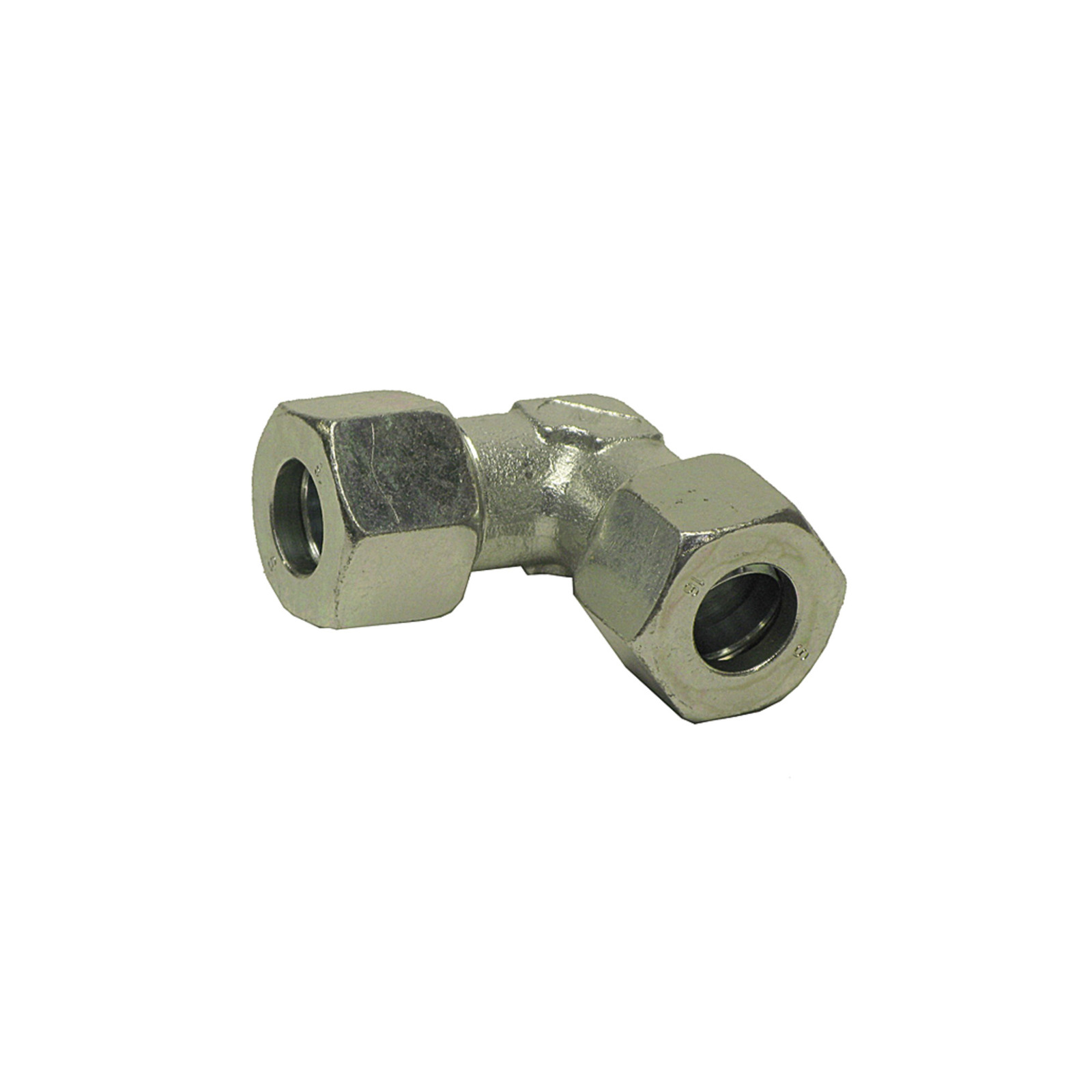 Metal elbow pipe fitting with hexagonal ends, designed for connecting pipes at a 90-degree angle. Metal elbow pipe fitting with hexagonal ends, designed for connecting pipes at a 90-degree angle.