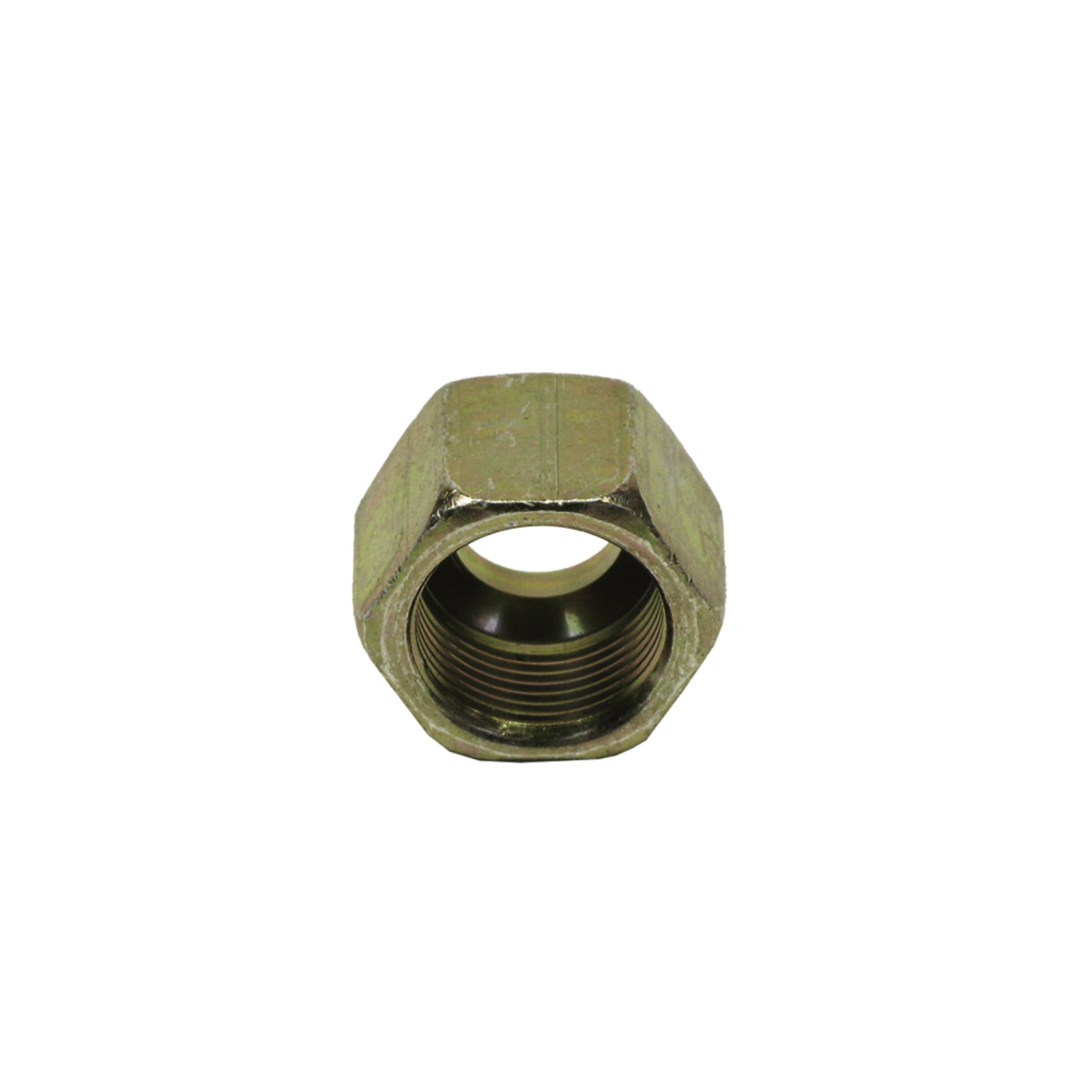 Hexagonal metal nut with internal threading, viewed from the front against a white background. Hexagonal metal nut with internal threading, viewed from the front against a white background.