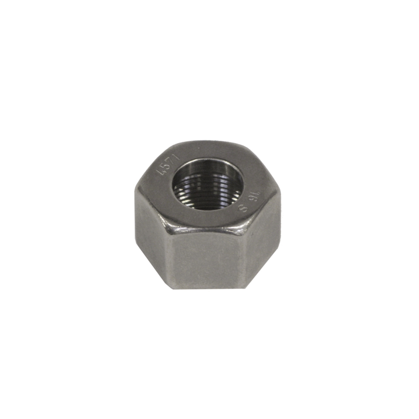 Hexagonal metal nut with engraved numbers, featuring a threaded hole in the centre, against a white background. Hexagonal metal nut with engraved numbers, featuring a threaded hole in the centre, against a white background.