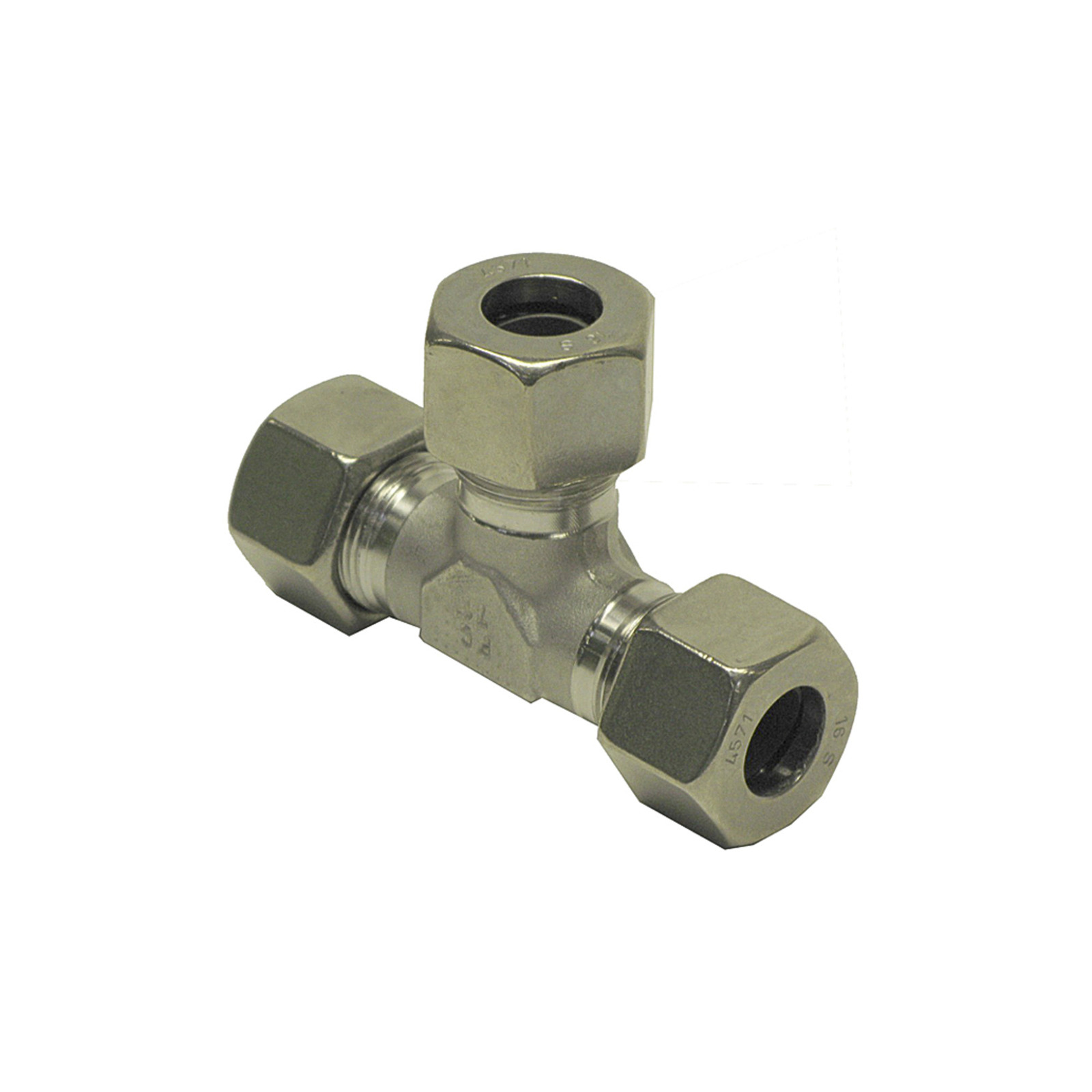 Brass T-shaped pipe fitting with hexagonal nuts on each end, designed for connecting three pipes. Brass T-shaped pipe fitting with hexagonal nuts on each end, designed for connecting three pipes.