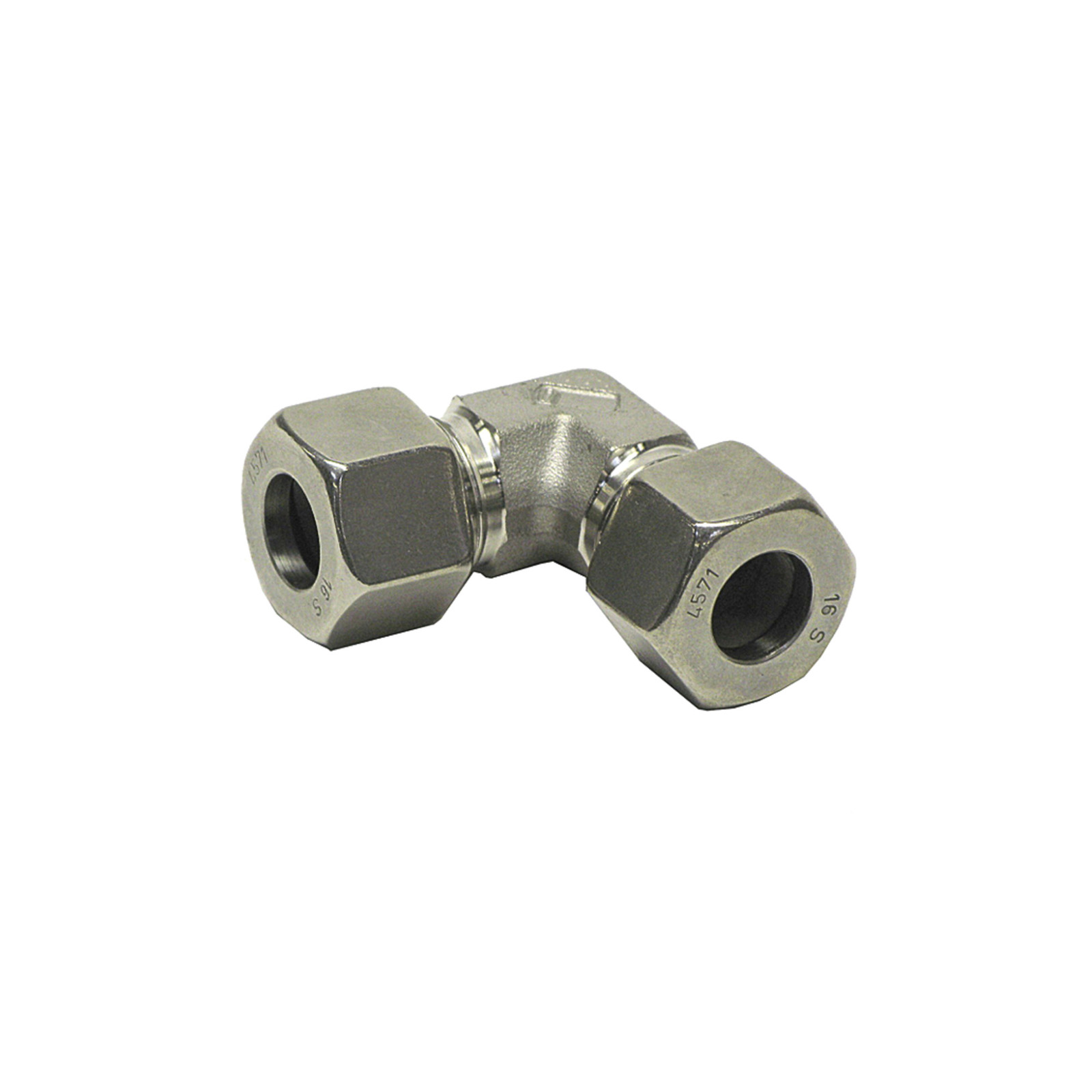 Metal elbow pipe fitting with hexagonal nuts on both ends, designed for connecting pipes at a 90-degree angle.