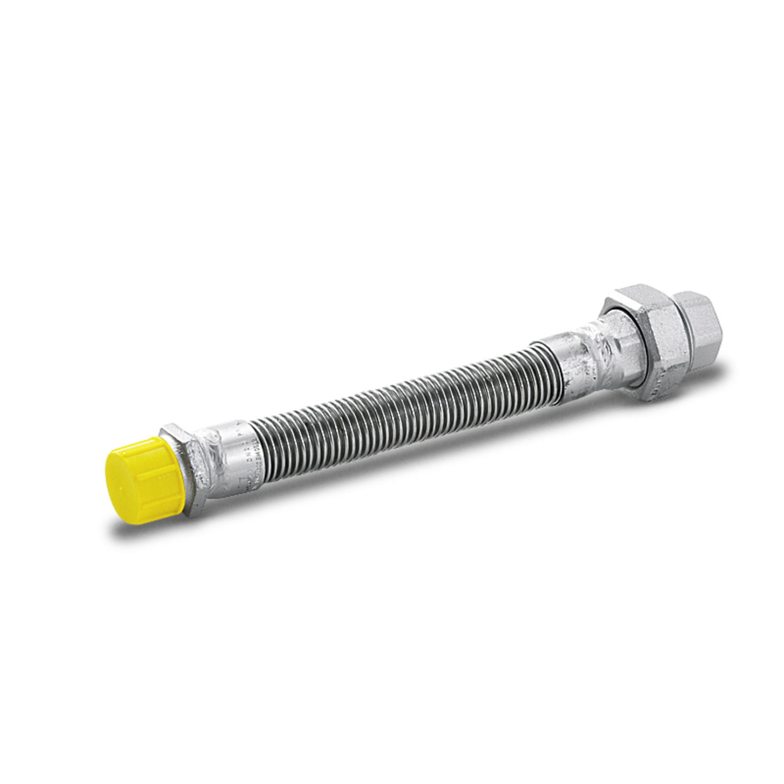 Metal hose with a yellow cap on one end and a hexagonal nut on the other, set against a white background. Metal hose with a yellow cap on one end and a hexagonal nut on the other, set against a white background.