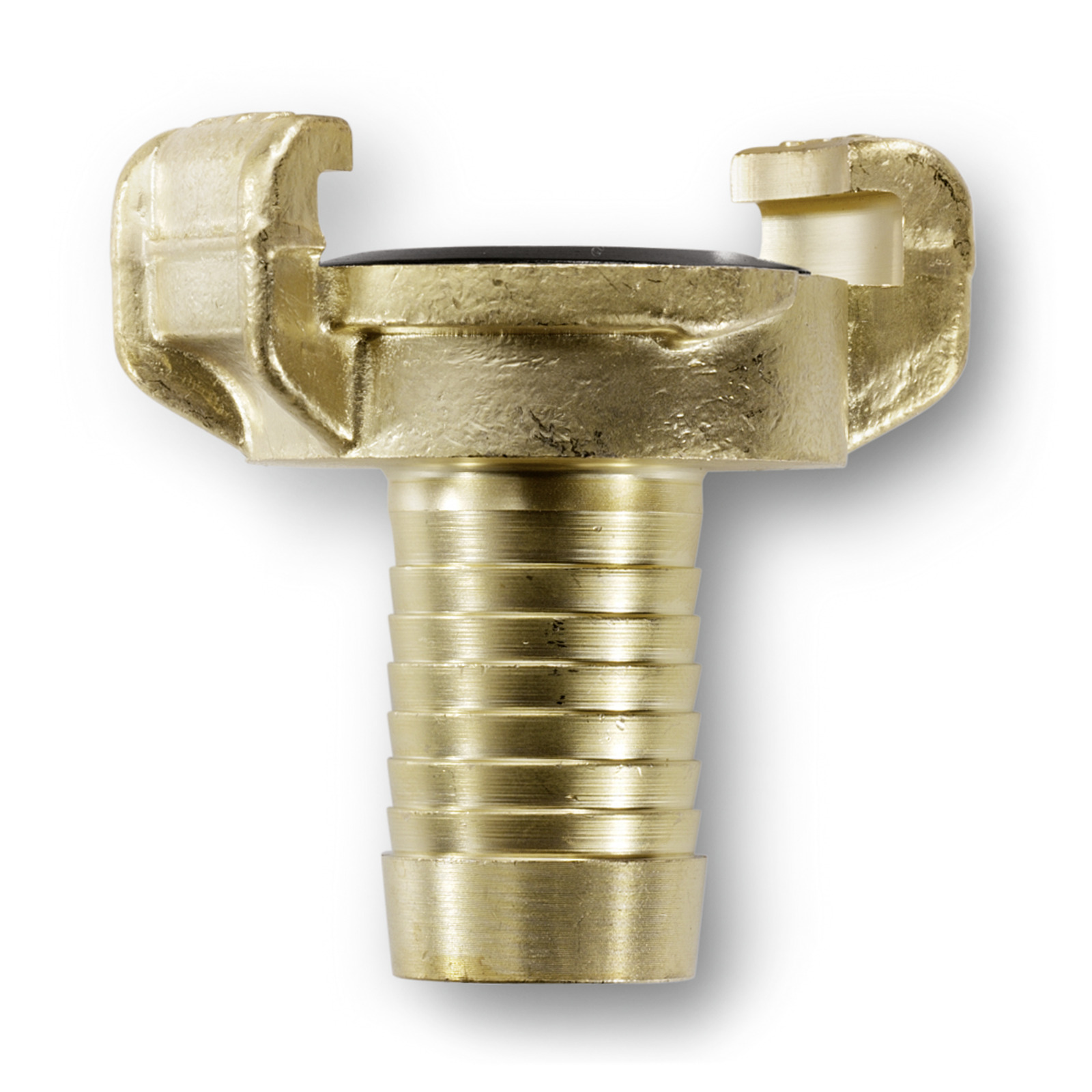 Brass hose connector with ribbed design and claw coupling, isolated on a white background.