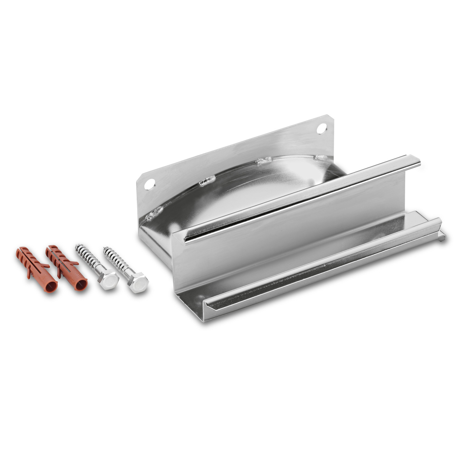 Metal wall bracket with two red wall plugs and two silver screws on a white background. Metal wall bracket with two red wall plugs and two silver screws on a white background.