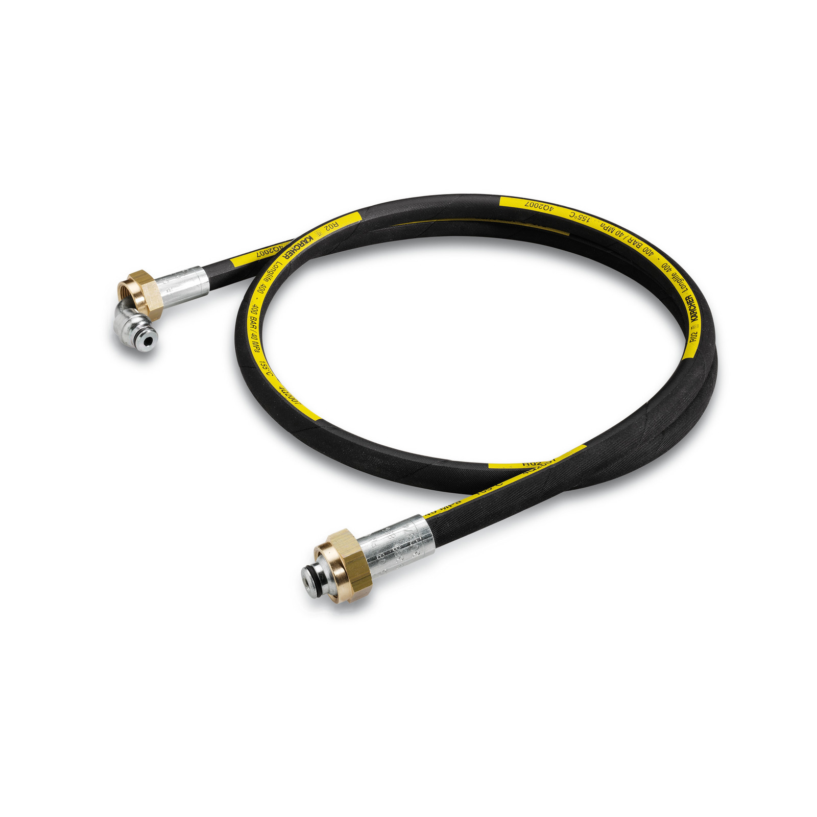 Black Kärcher high-pressure hose with yellow markings and metal connectors at both ends, coiled on a white background. Black Kärcher high-pressure hose with yellow markings and metal connectors at both ends, coiled on a white background.