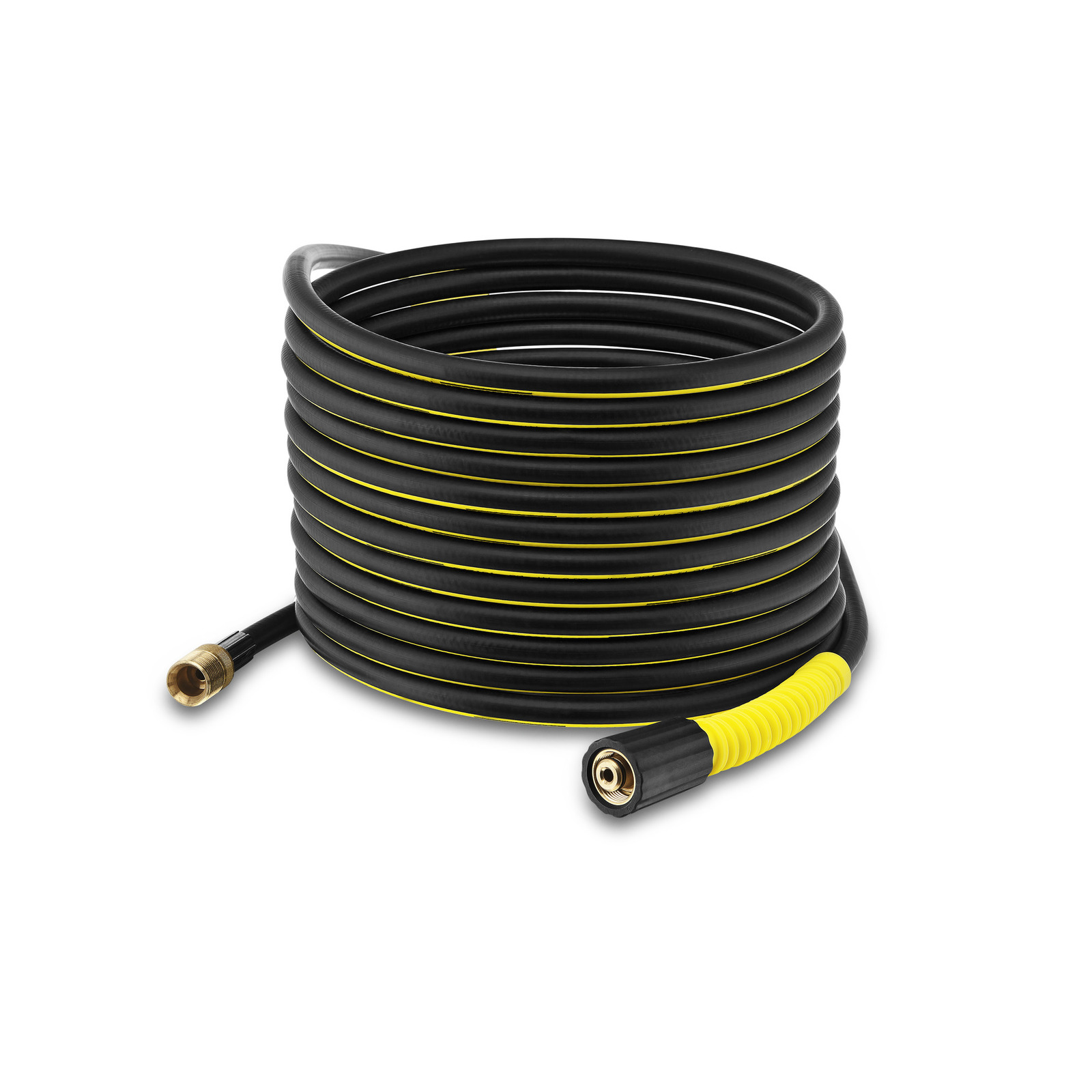 Coiled Kärcher high-pressure hose with black and yellow design, featuring metal connectors at both ends. Coiled Kärcher high-pressure hose with black and yellow design, featuring metal connectors at both ends.