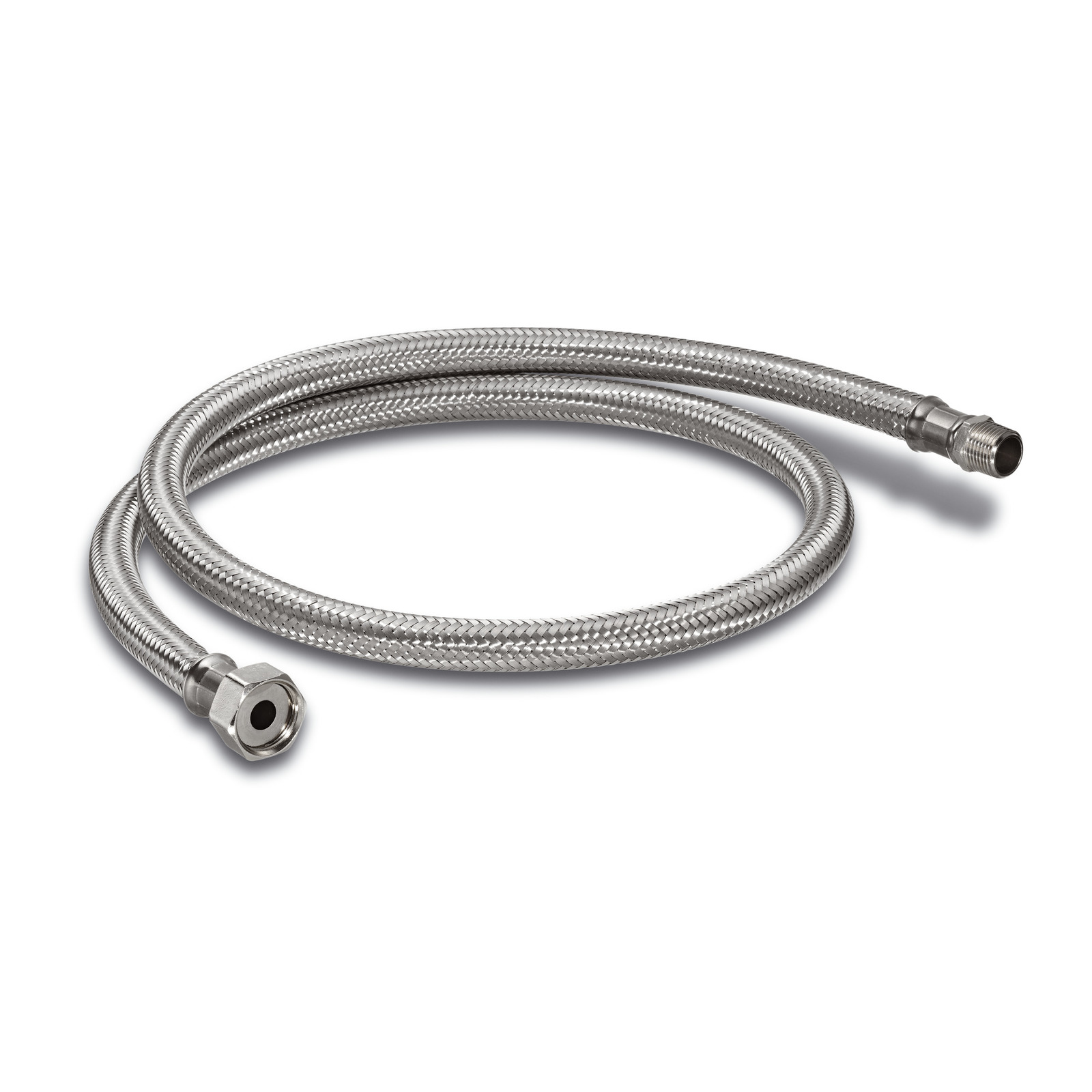 Flexible stainless steel braided hose with hexagonal and threaded connectors on a white background.