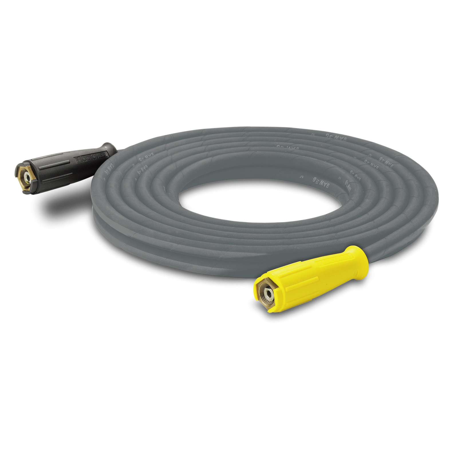 Coiled Kärcher high-pressure hose with black and yellow connectors on a white background. Coiled Kärcher high-pressure hose with black and yellow connectors on a white background.