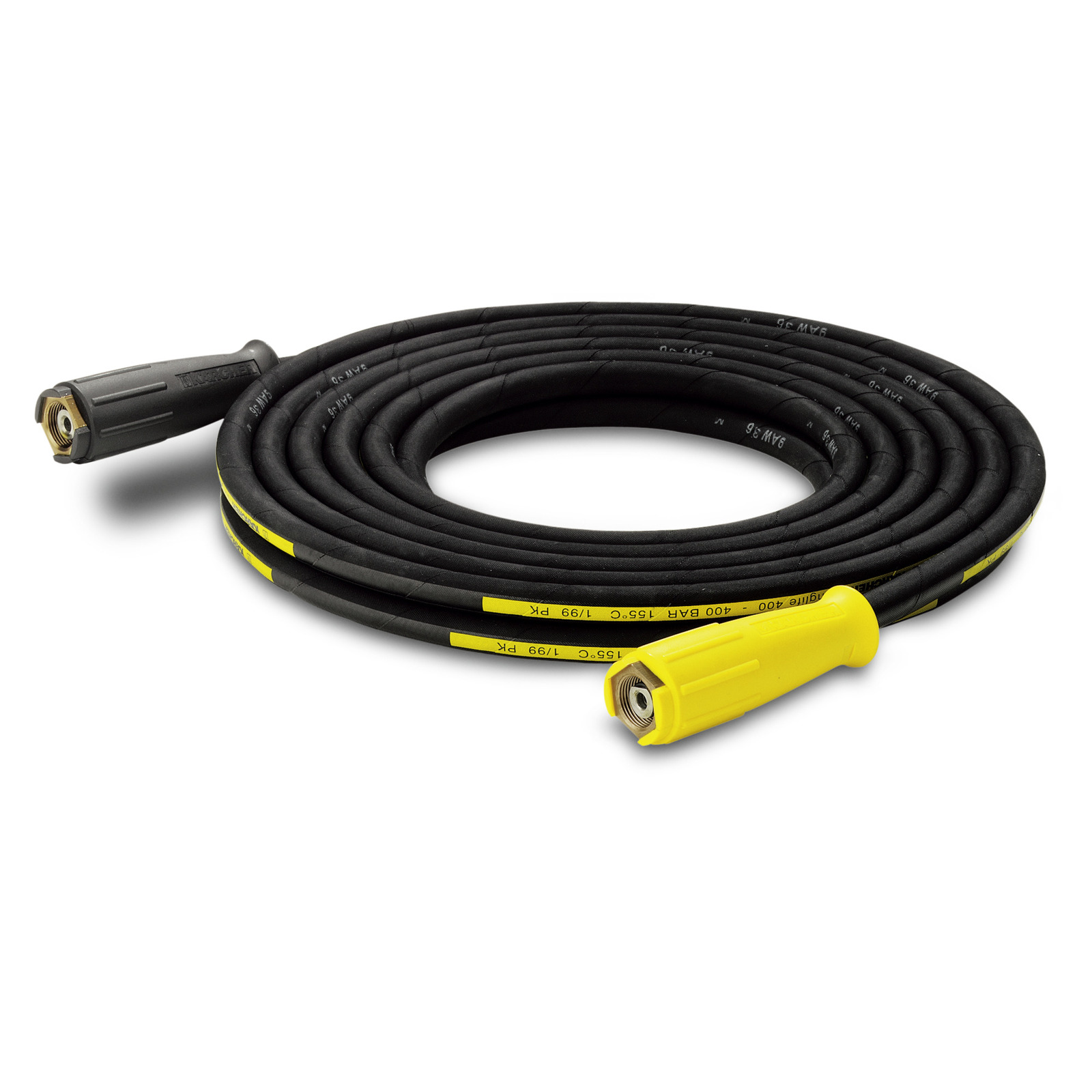 Coiled Kärcher high-pressure cleaner hose with black and yellow connectors on a white background. Coiled Kärcher high-pressure cleaner hose with black and yellow connectors on a white background.