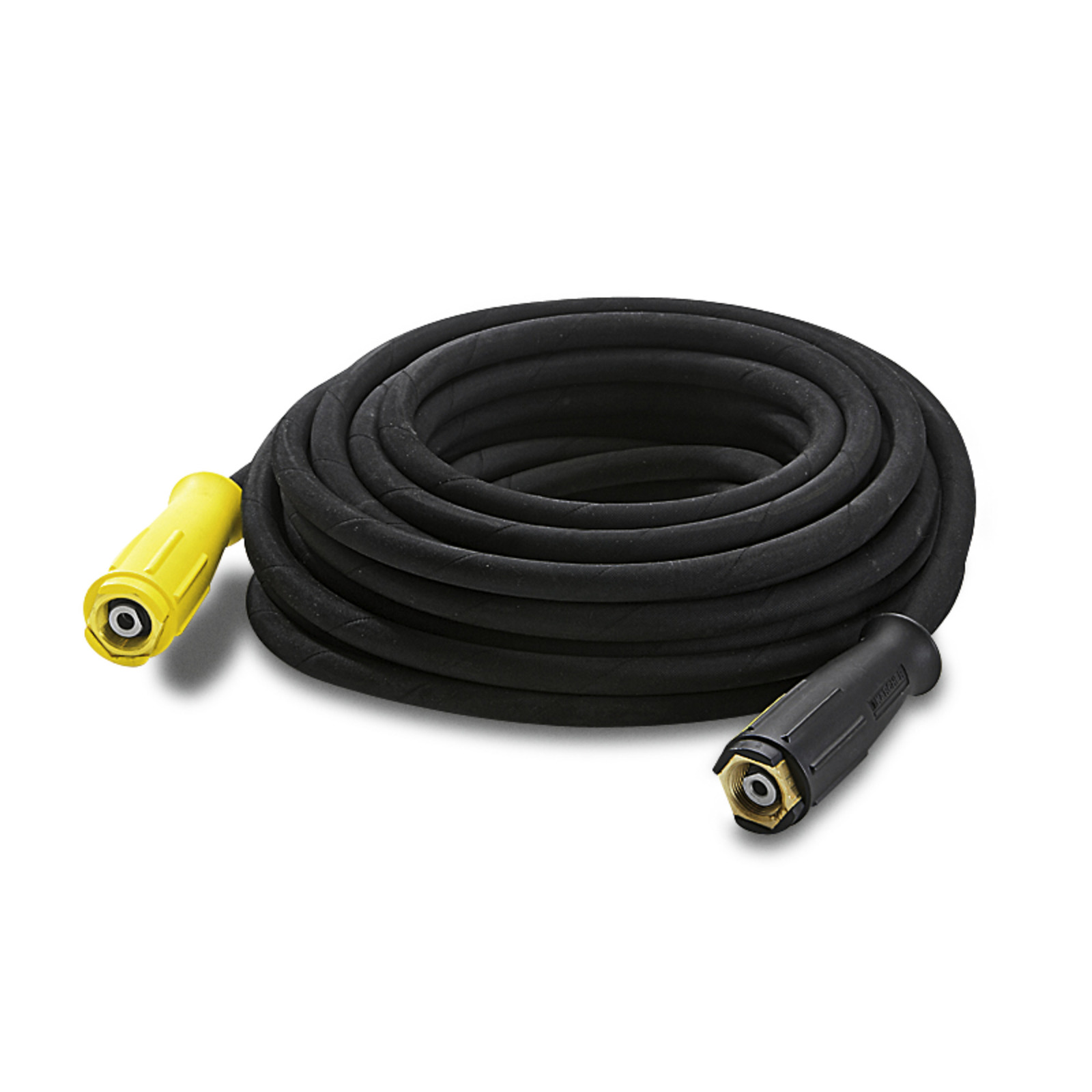 Coiled black hose with yellow and black connectors, suitable for Kärcher high-pressure cleaner. Coiled black hose with yellow and black connectors, suitable for Kärcher high-pressure cleaner.