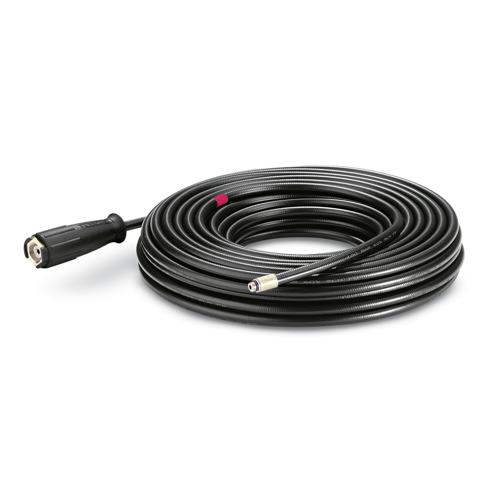 Coiled black Kärcher high-pressure hose with connectors, set against a plain white background. Coiled black Kärcher high-pressure hose with connectors, set against a plain white background.