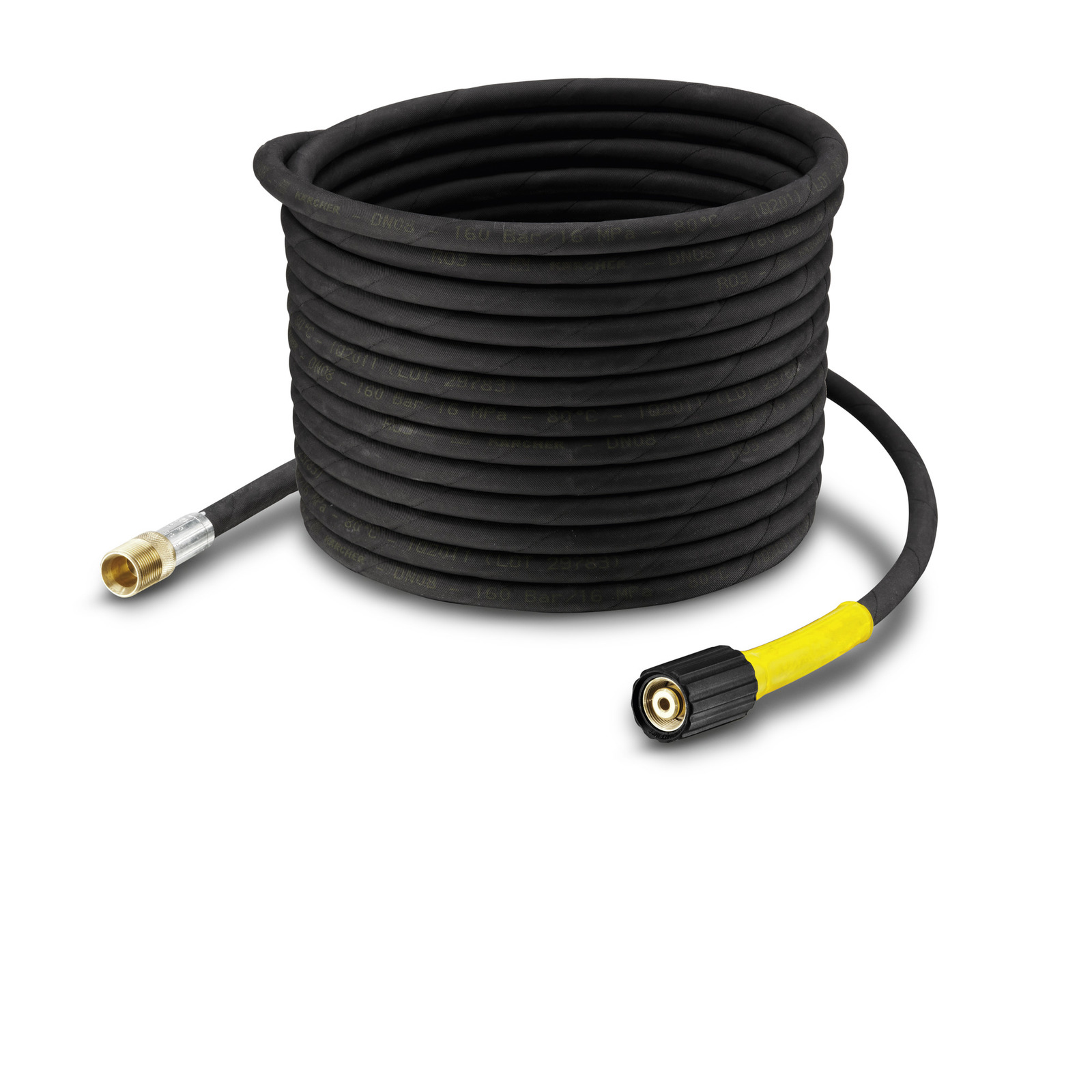 Coiled black Kärcher high-pressure hose with brass connector and yellow accent on the nozzle end. Coiled black Kärcher high-pressure hose with brass connector and yellow accent on the nozzle end.