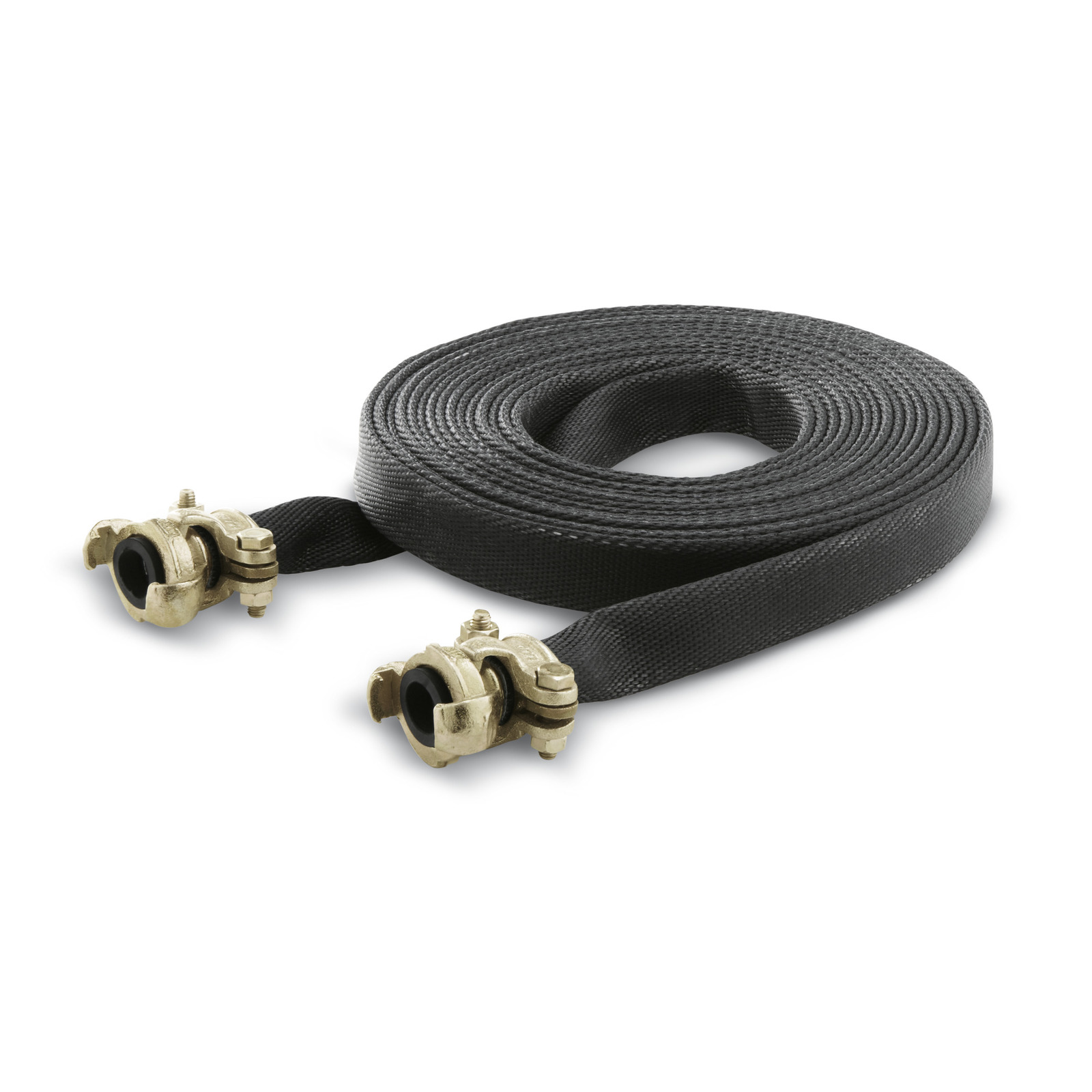 Black Kärcher flat hose with brass connectors, coiled neatly on a white background. Black Kärcher flat hose with brass connectors, coiled neatly on a white background.