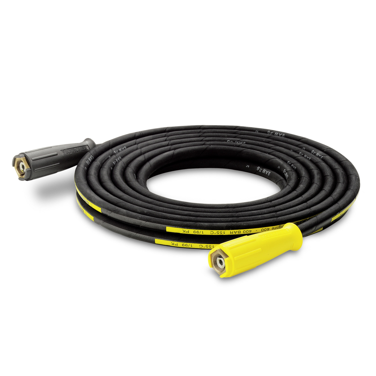Coiled Kärcher high-pressure cleaner hose with yellow and black connectors, placed on a white background. Coiled Kärcher high-pressure cleaner hose with yellow and black connectors, placed on a white background.
