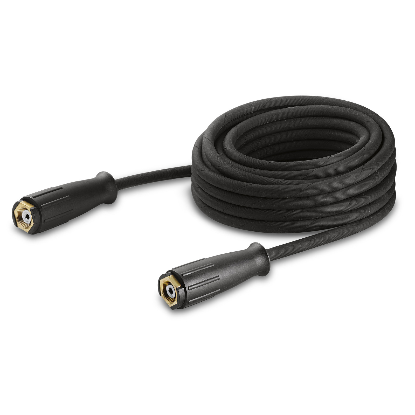 Coiled black Kärcher high-pressure cleaner hose with connectors on both ends, placed on a white background. Coiled black Kärcher high-pressure cleaner hose with connectors on both ends, placed on a white background.
