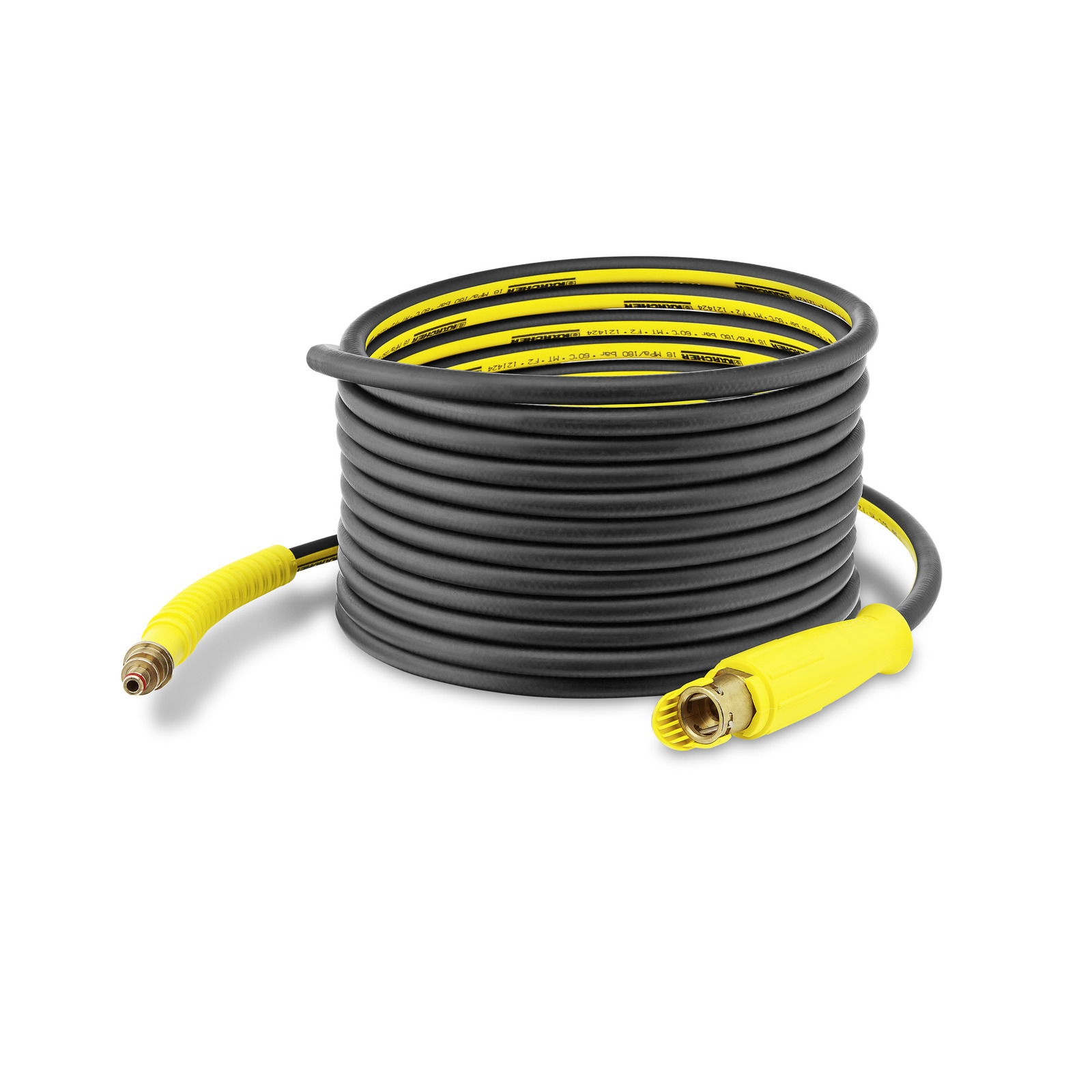 Coiled Kärcher high-pressure cleaner hose with yellow connectors on a white background.