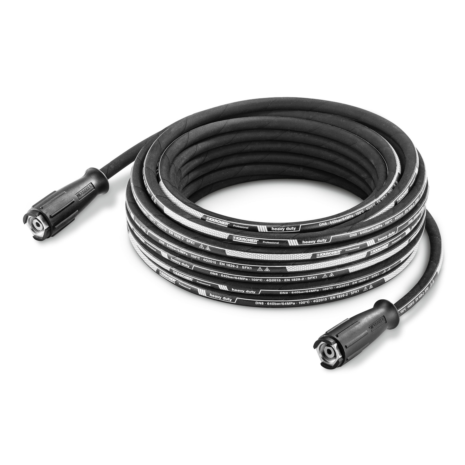 Coiled Kärcher heavy-duty hose with black connectors, labelled with specifications and branding.