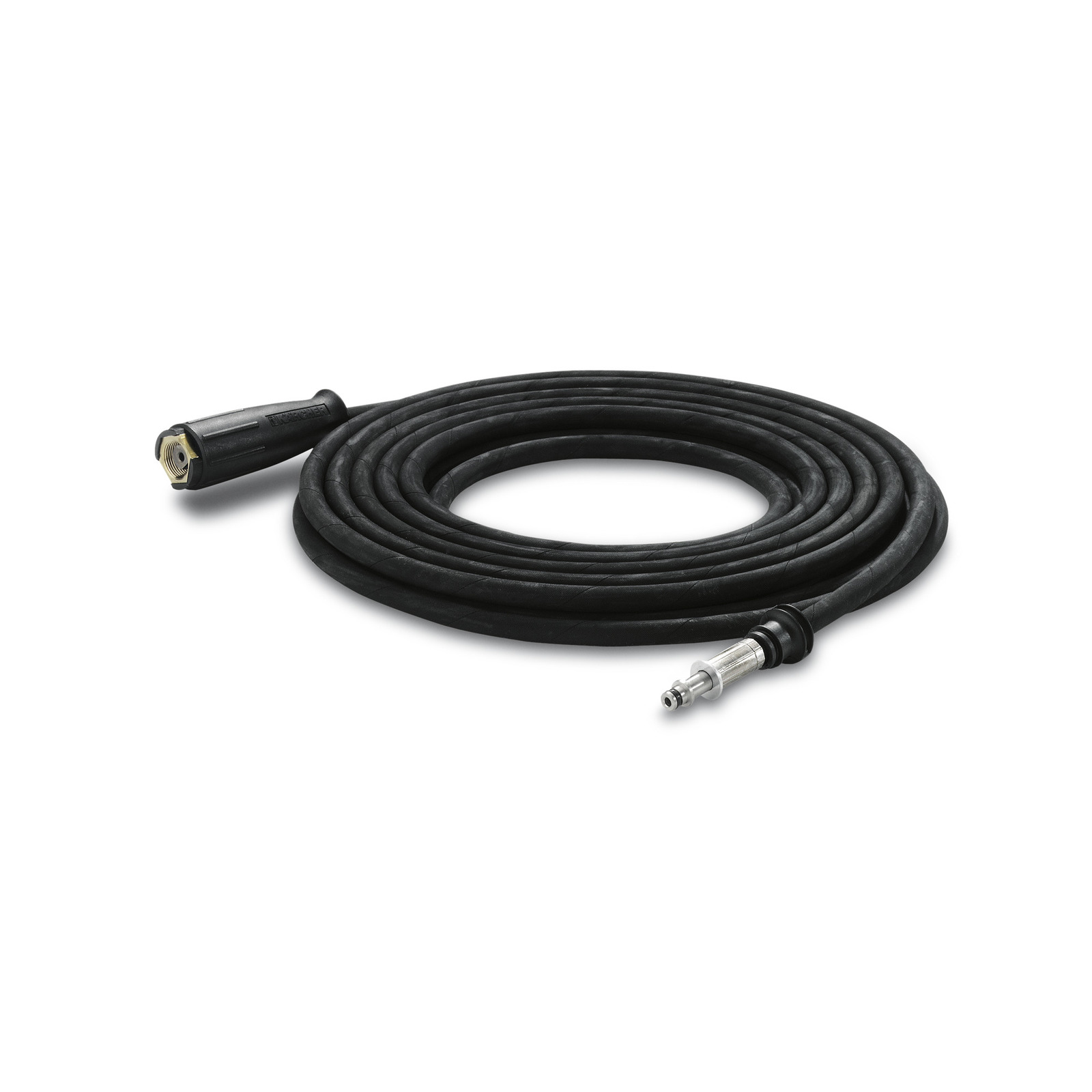 Black Kärcher high-pressure cleaner hose coiled neatly, featuring connectors at both ends.