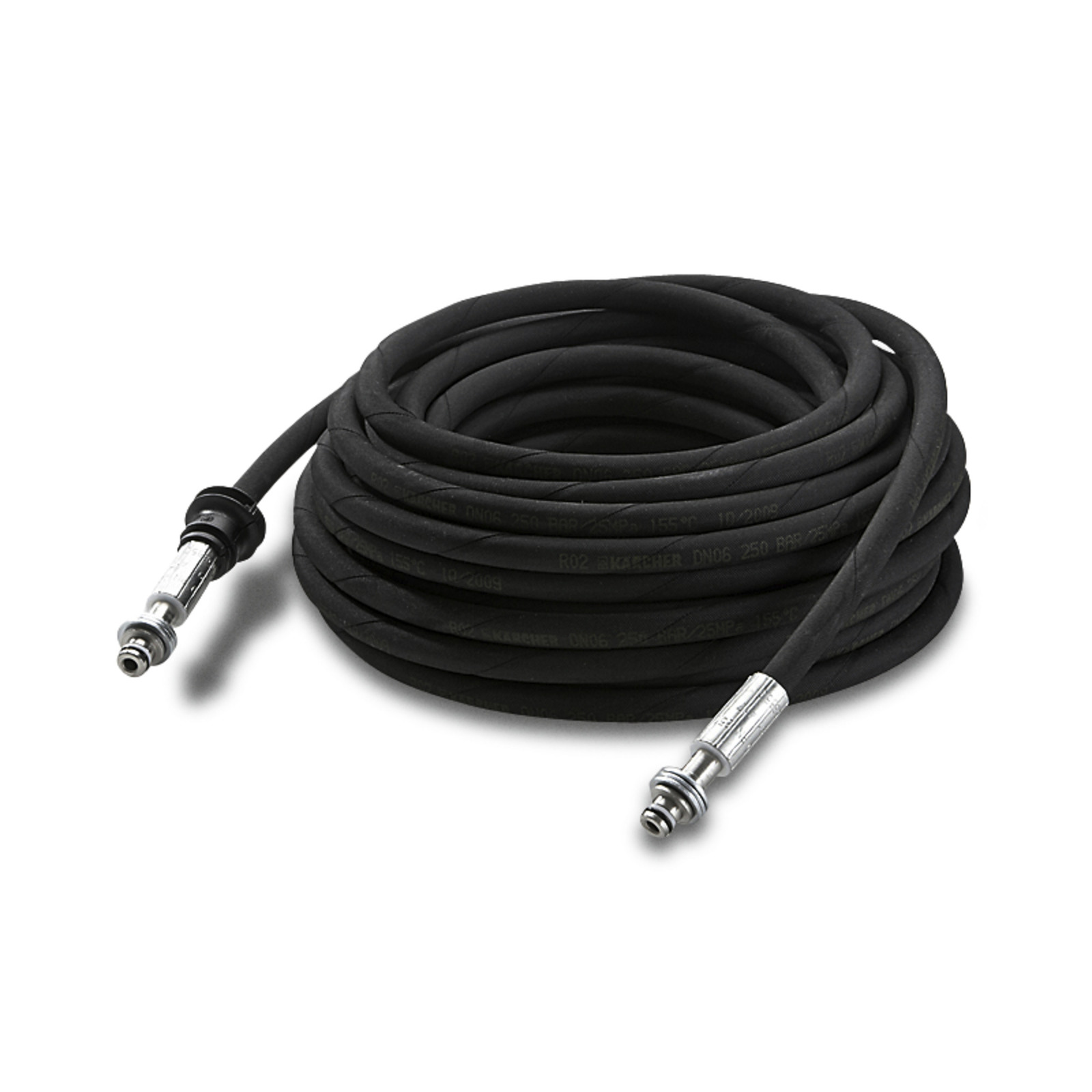 Coiled black Kärcher high-pressure hose with metal connectors on both ends, placed on a white background.